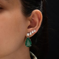 16.86 Ct Emerald Diamond Ear Climber Drop Earrings 18 Karat White Gold Jewelry