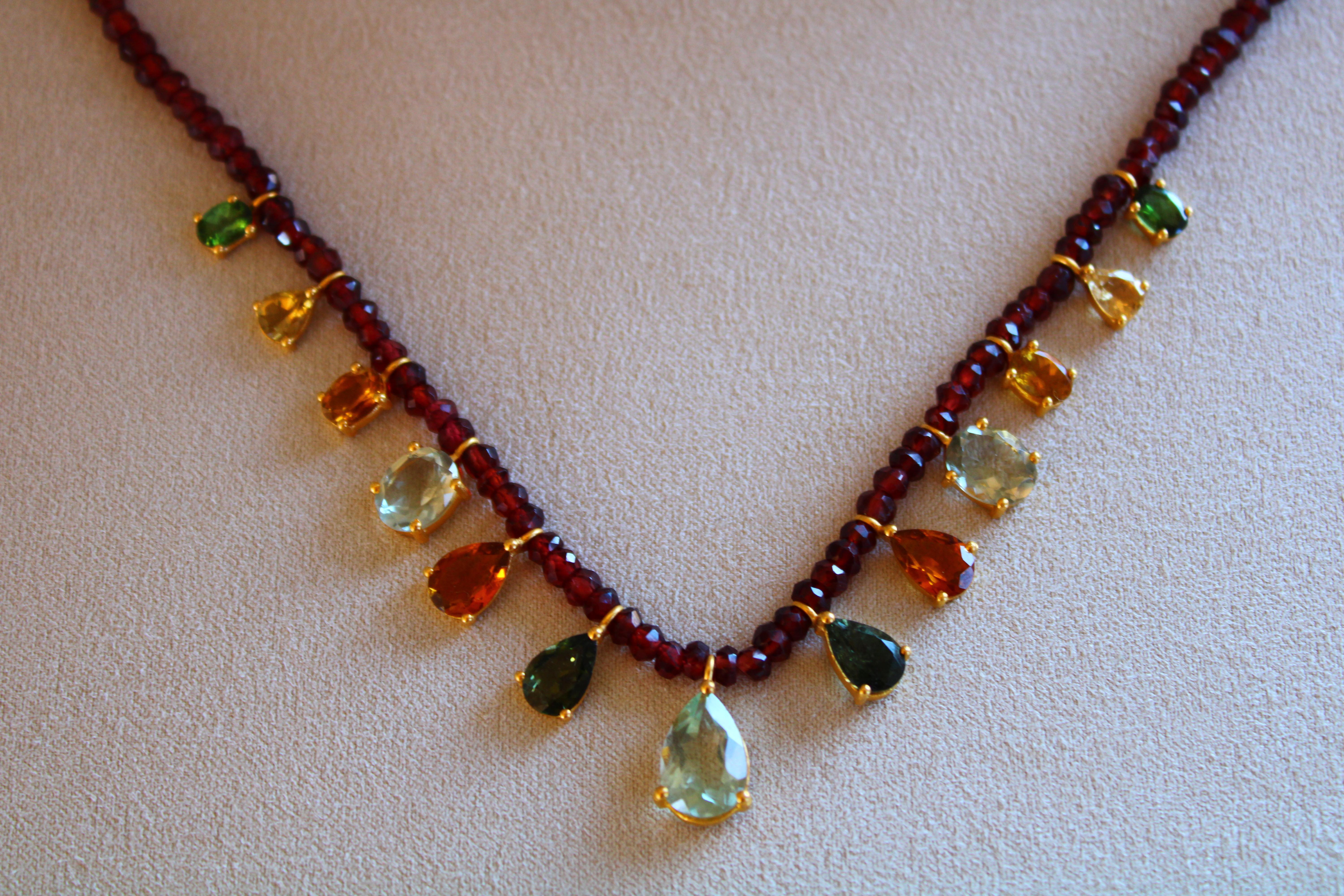 Modern 16.87 Carat Green Amethyst & Tourmaline Gemstone Garnet Beaded Necklace  For Sale