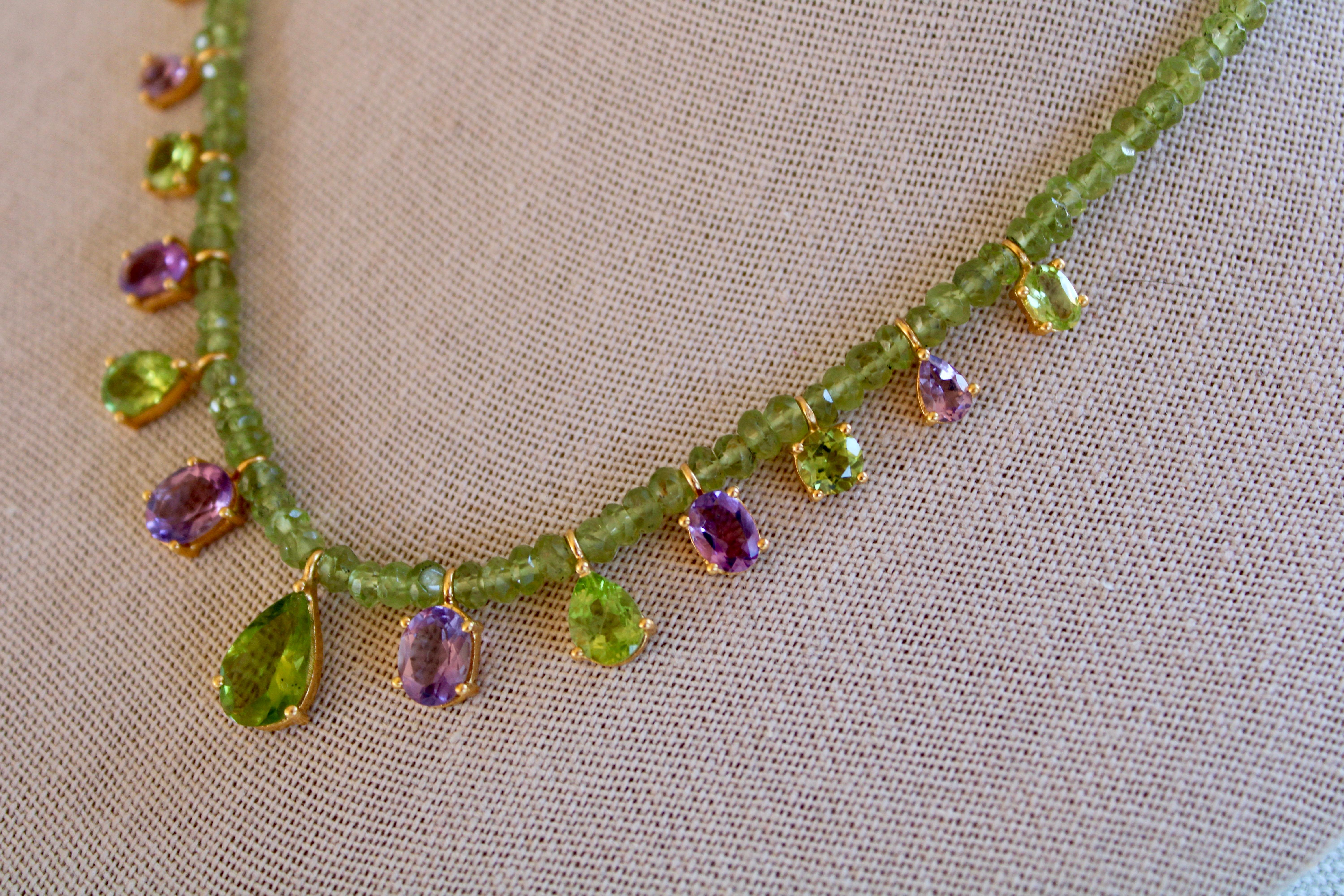 Modern 19.75 Carat Peridot & Amethyst 14K Gold Plated Peridot Beaded Necklace  For Sale