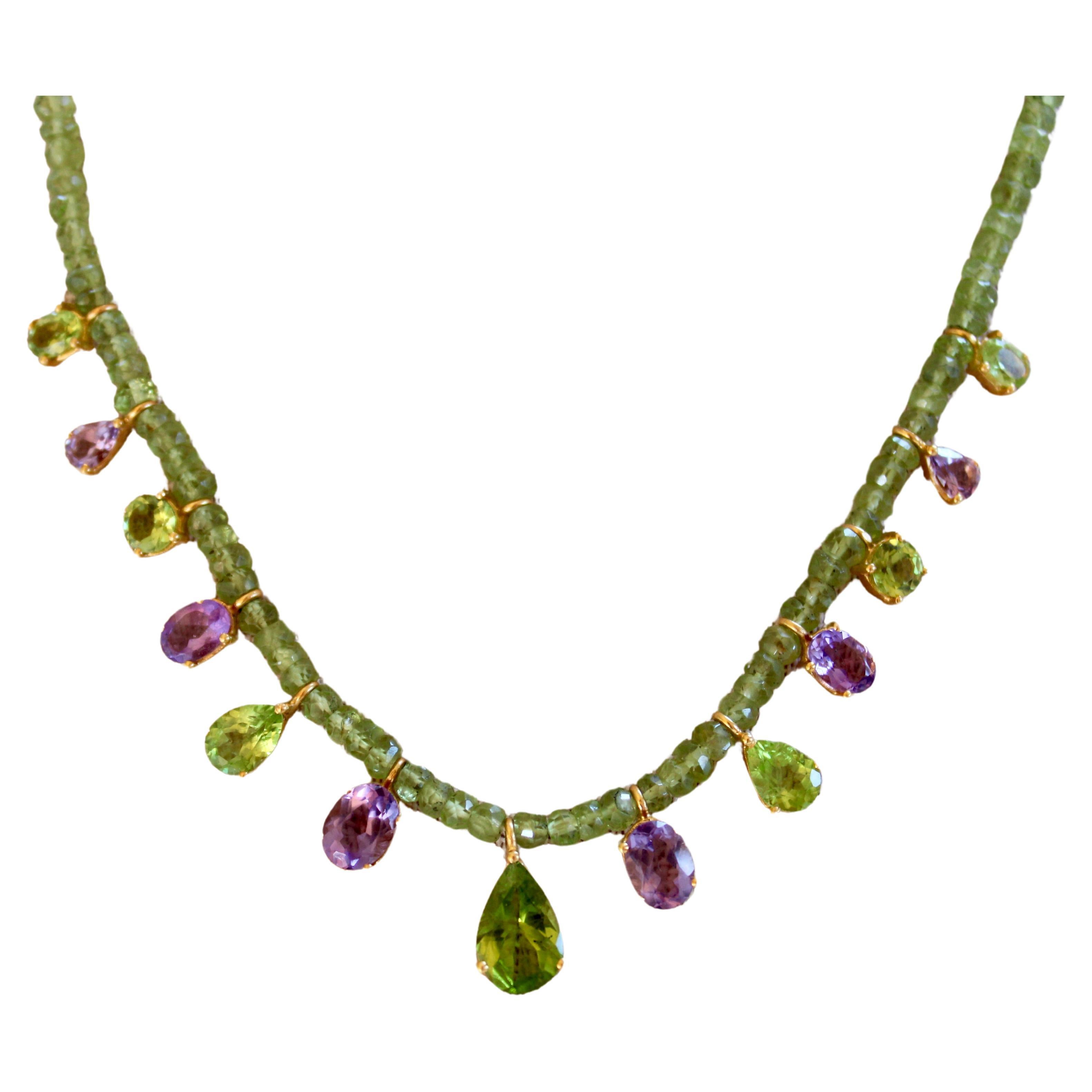 19.75 Carat Peridot & Amethyst 14K Gold Plated Peridot Beaded Necklace  For Sale
