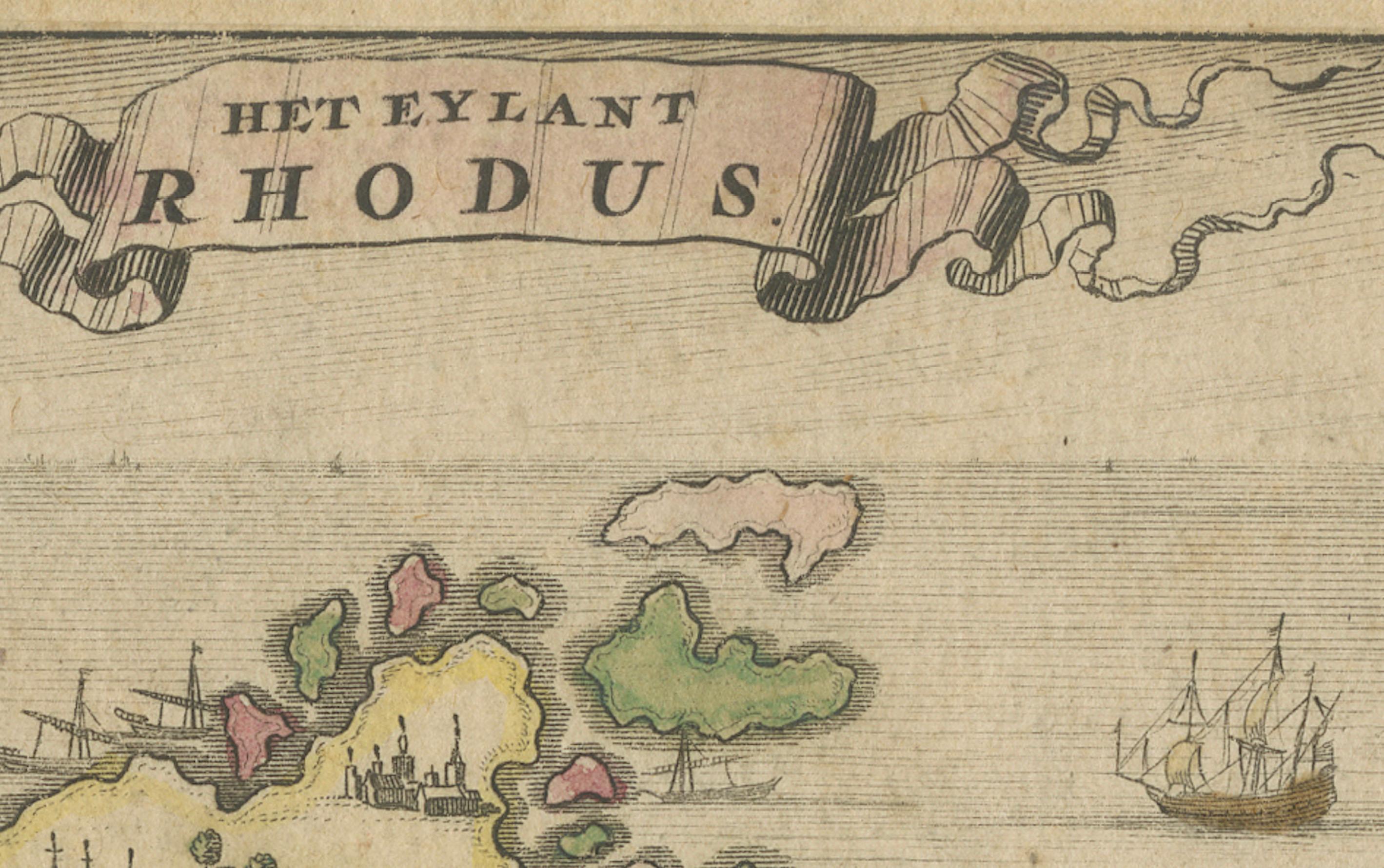 Gravé 1687 Vue gravée de Rhodes par O. Dapper - Île de Rhode coloriée à la main en vente