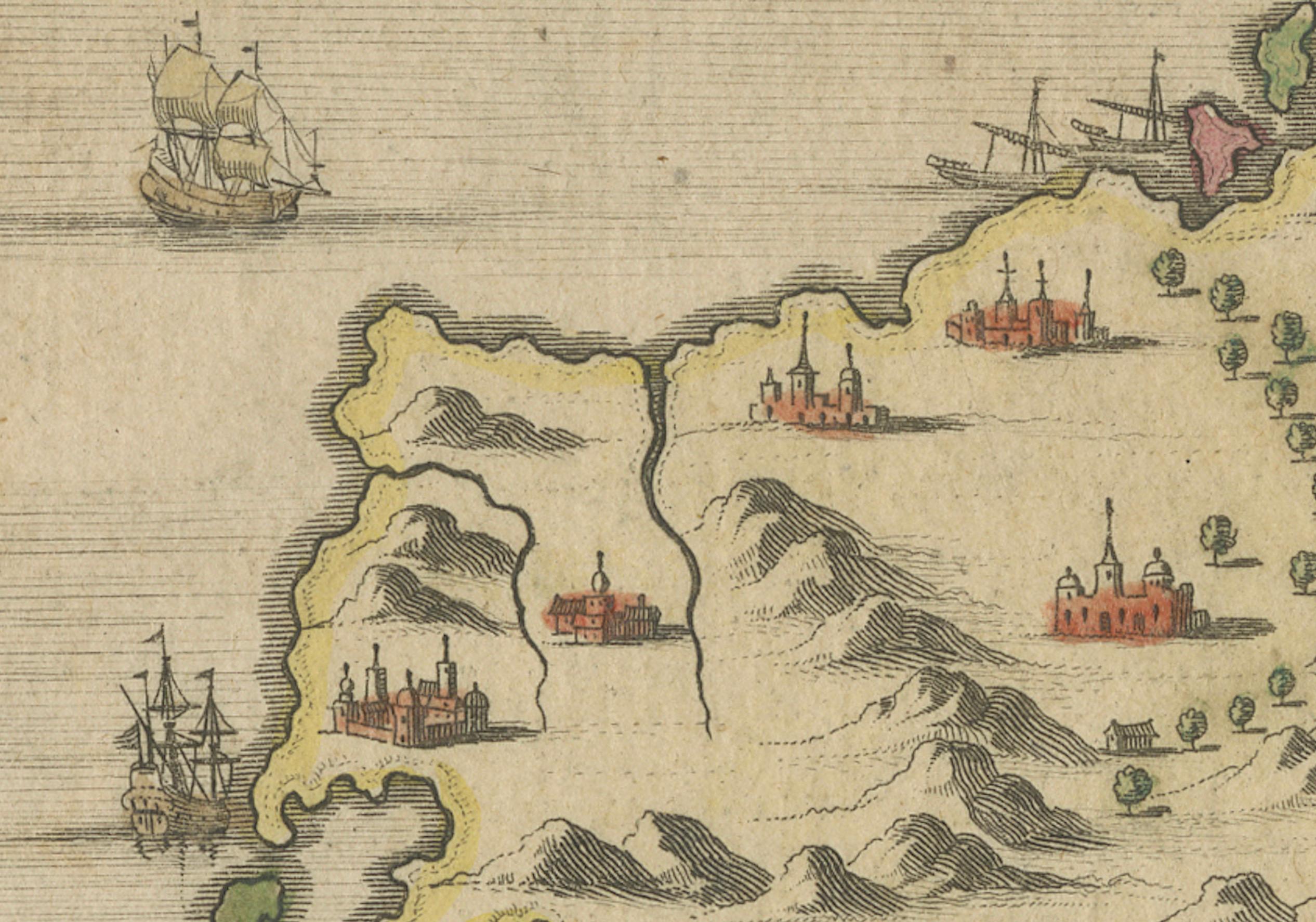 1687 Vue gravée de Rhodes par O. Dapper - Île de Rhode coloriée à la main Bon état - En vente à Langweer, NL
