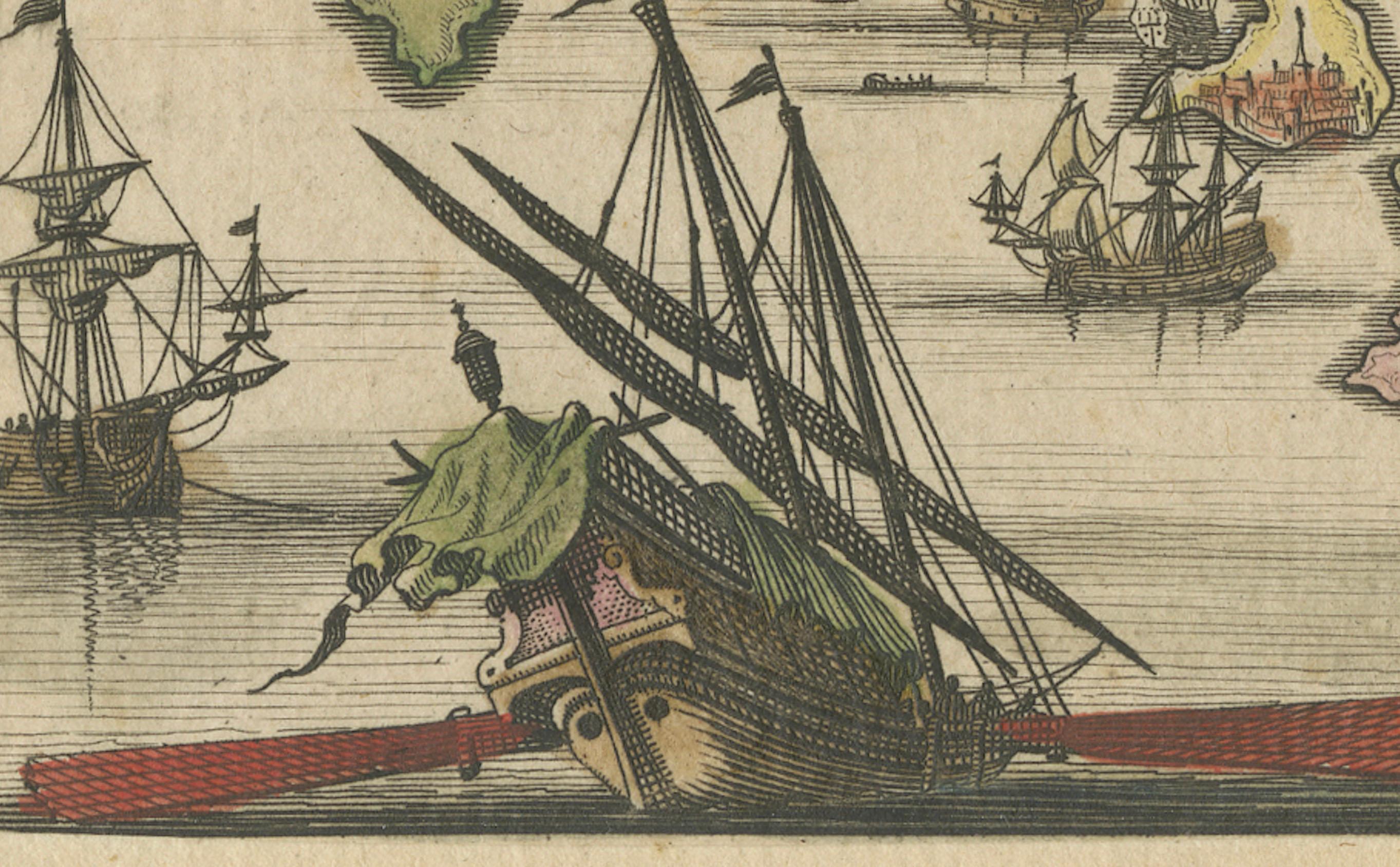 Fin du XVIIe siècle 1687 Vue gravée de Rhodes par O. Dapper - Île de Rhode coloriée à la main en vente