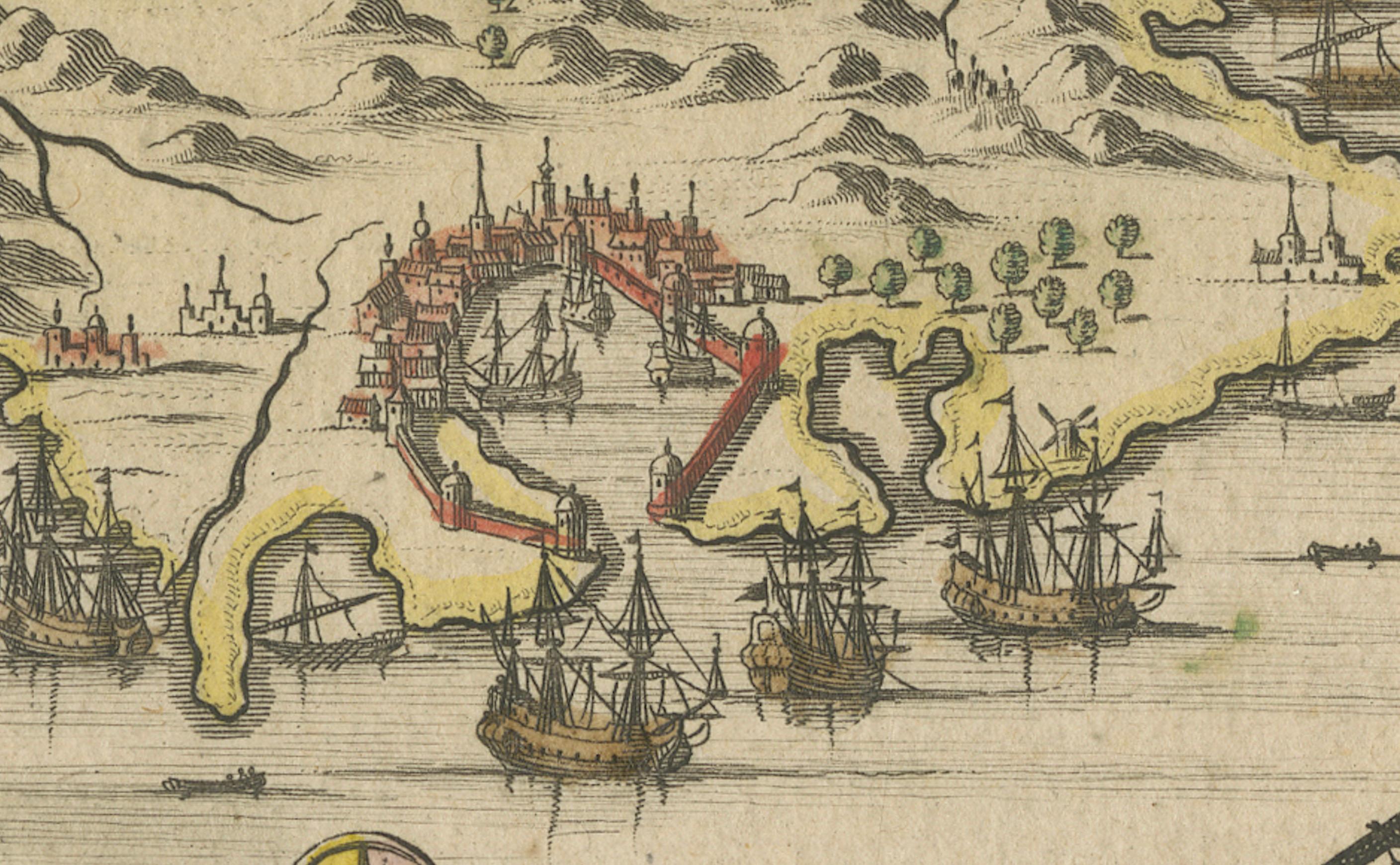 Papier 1687 Vue gravée de Rhodes par O. Dapper - Île de Rhode coloriée à la main en vente