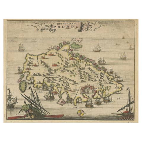 1687 Engraved View of Rhodes by O. Dapper – Hand-Colored Island of Rhodus