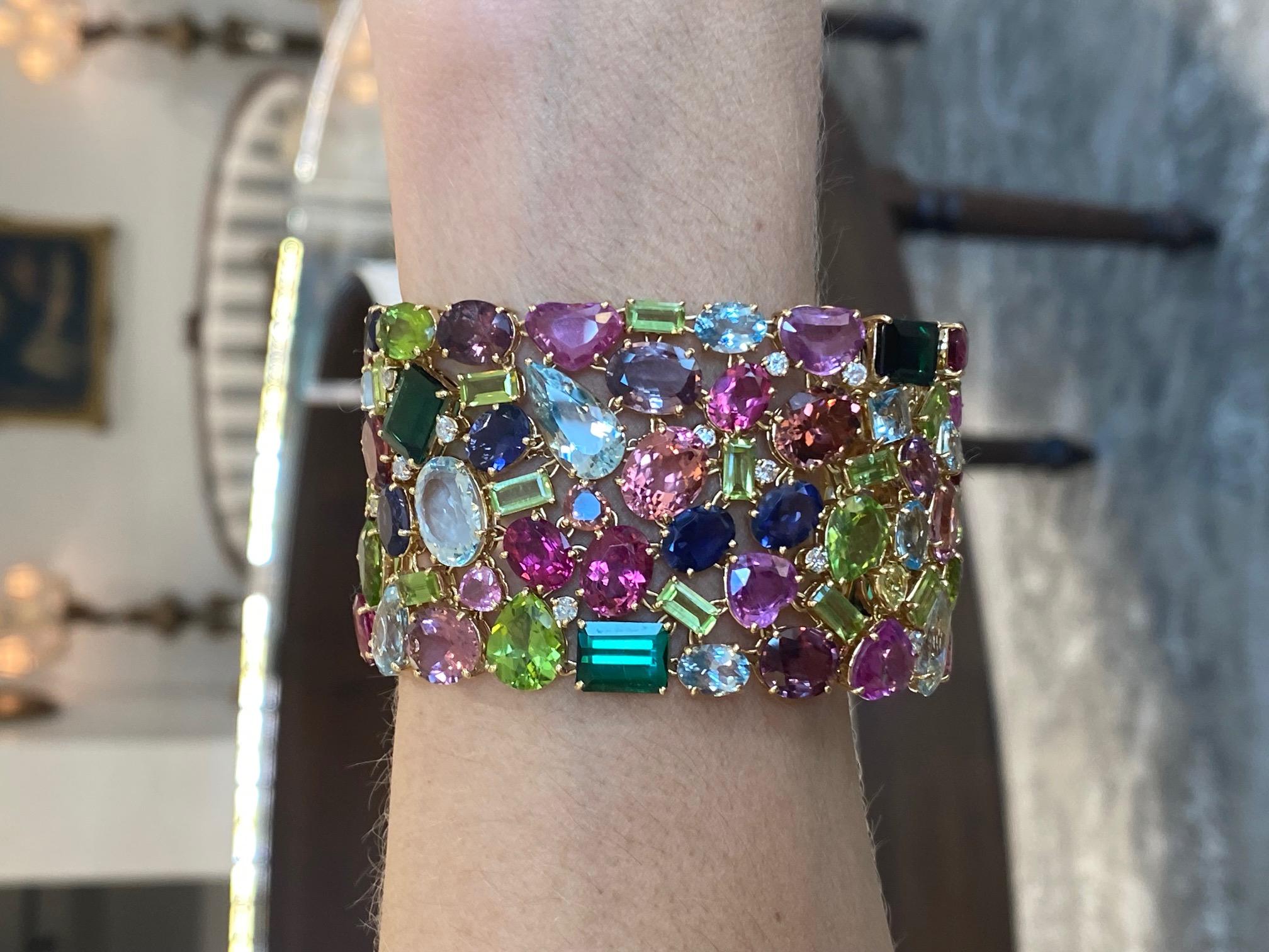 Modern 168.9 Carat Multi Colored Tourmaline and Diamond Bracelet in 18KT Yellow Gold For Sale