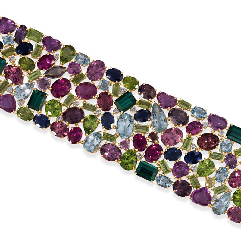 168.9 Carat Multi Colored Tourmaline and Diamond Bracelet in 18KT Yellow Gold In New Condition For Sale In Houston, TX