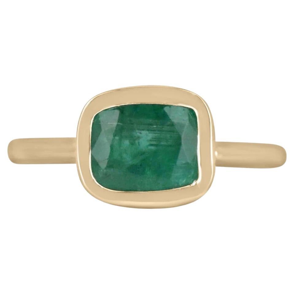 1.68ct 10K Natural East to West Cushion Cut Emerald Solitaire Bezel Gold Ring For Sale