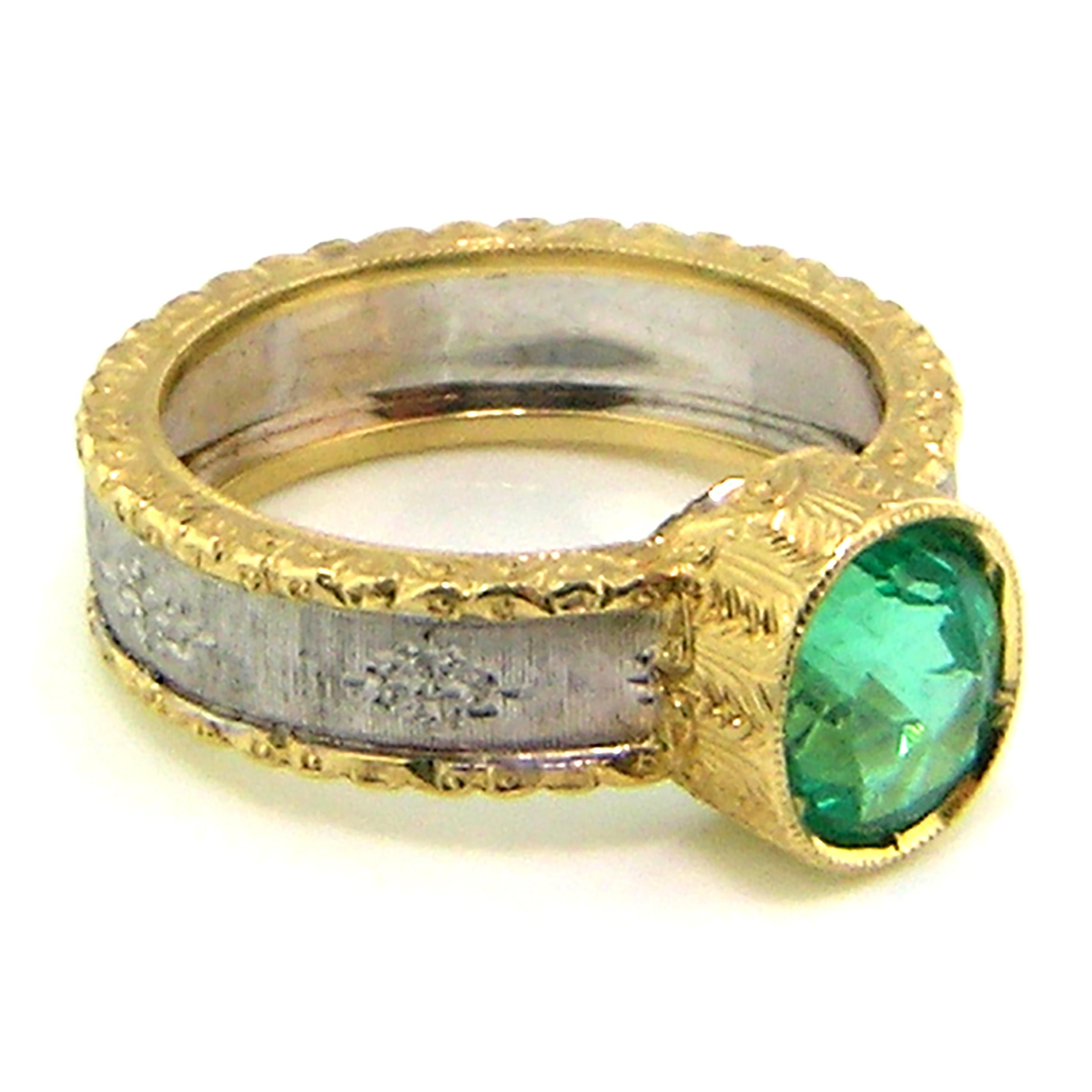 Oval Cut 1.68ct Colombian Emerald in an 18kt Gold Ring, Handmade and Engraved in Italy