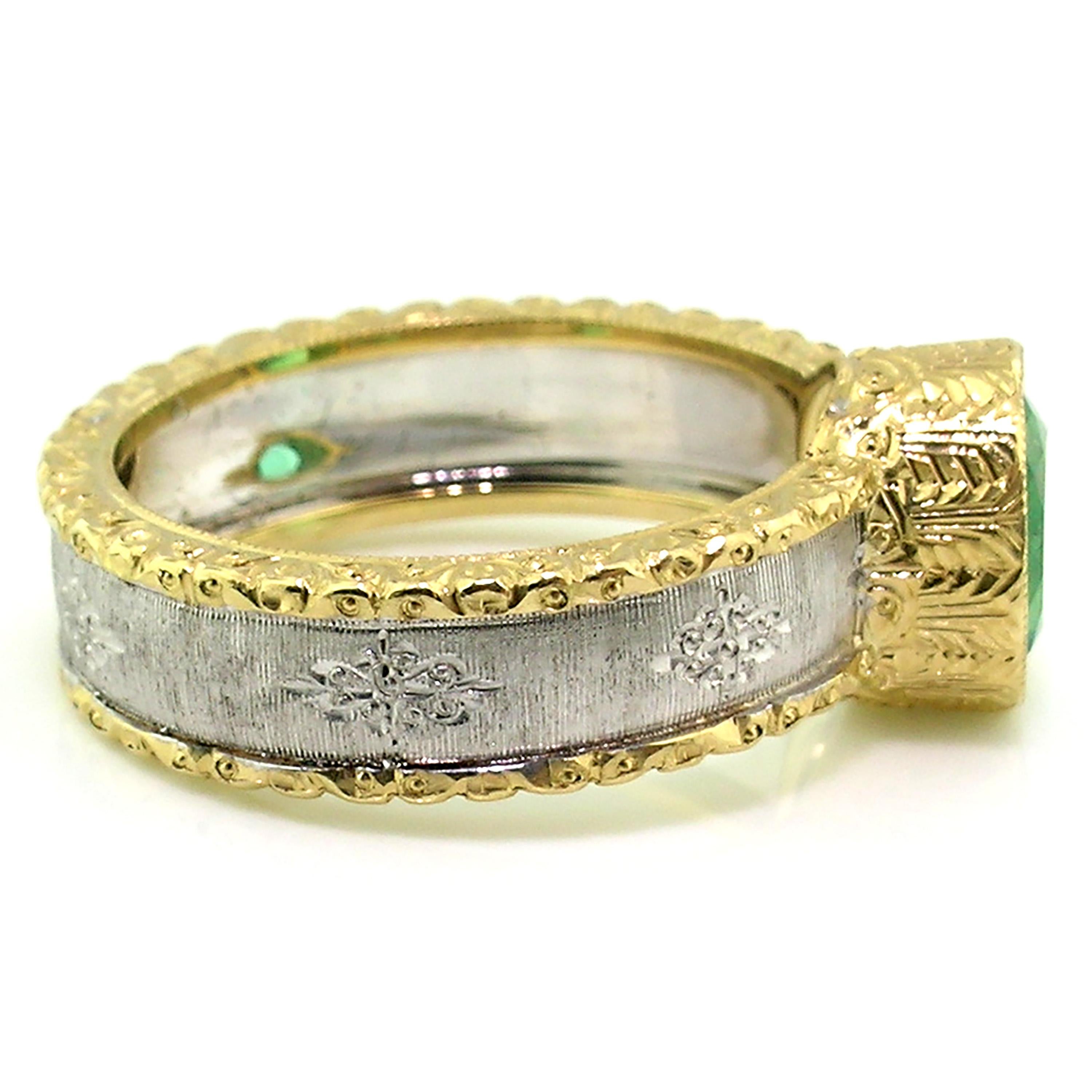 1.68ct Colombian Emerald in an 18kt Gold Ring, Handmade and Engraved in Italy In New Condition In Logan, UT