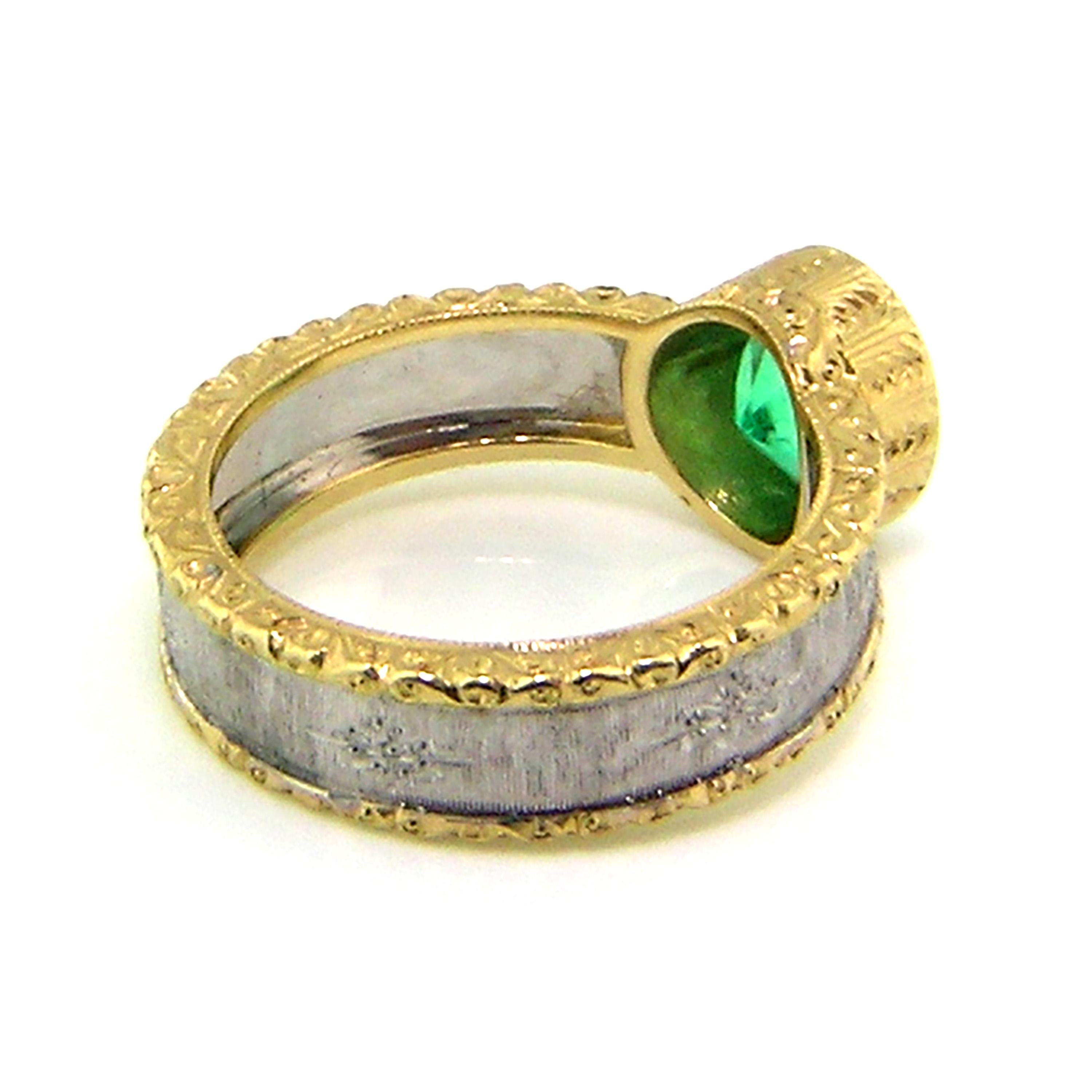Women's 1.68ct Colombian Emerald in an 18kt Gold Ring, Handmade and Engraved in Italy
