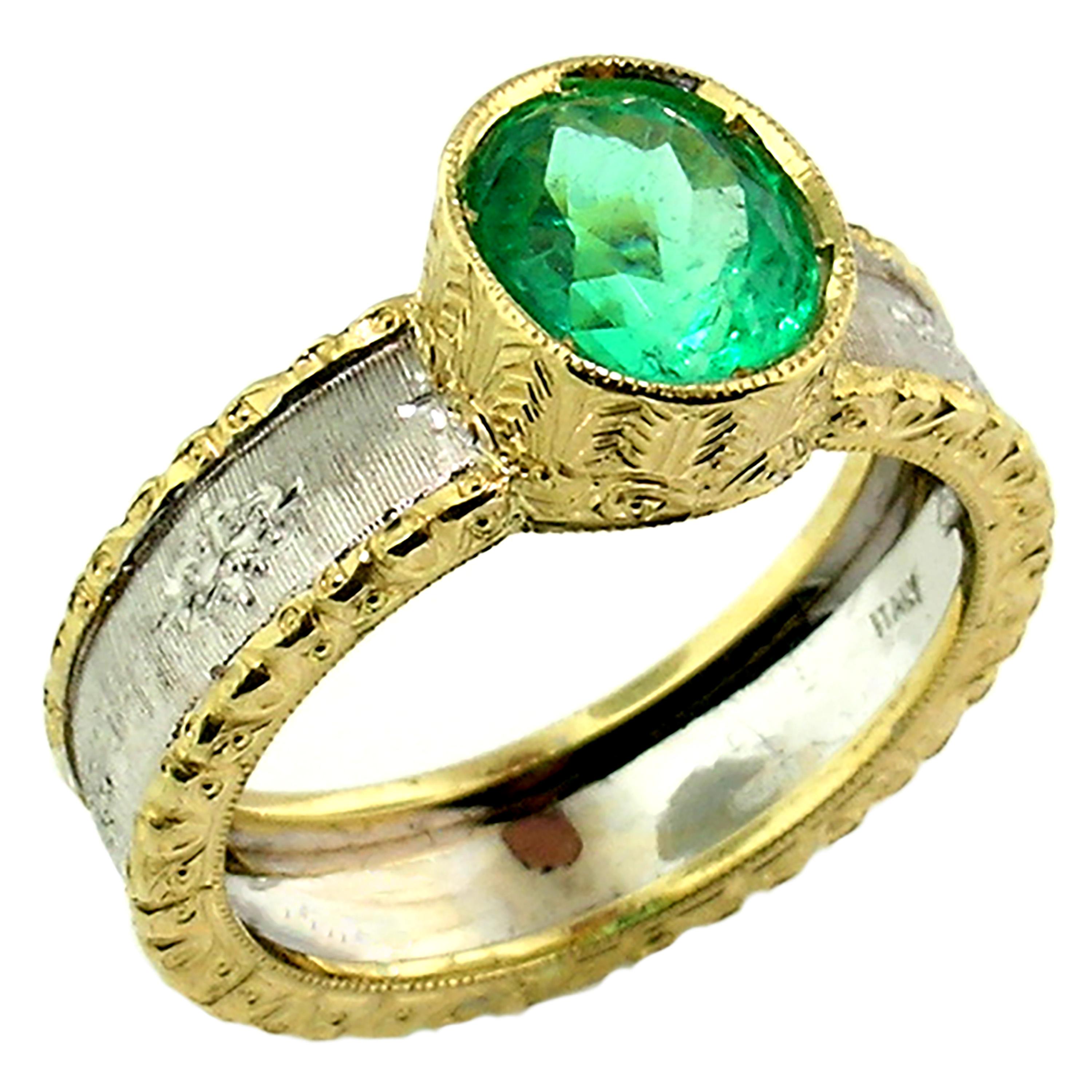 1.68ct Colombian Emerald in an 18kt Gold Ring, Handmade and Engraved in Italy