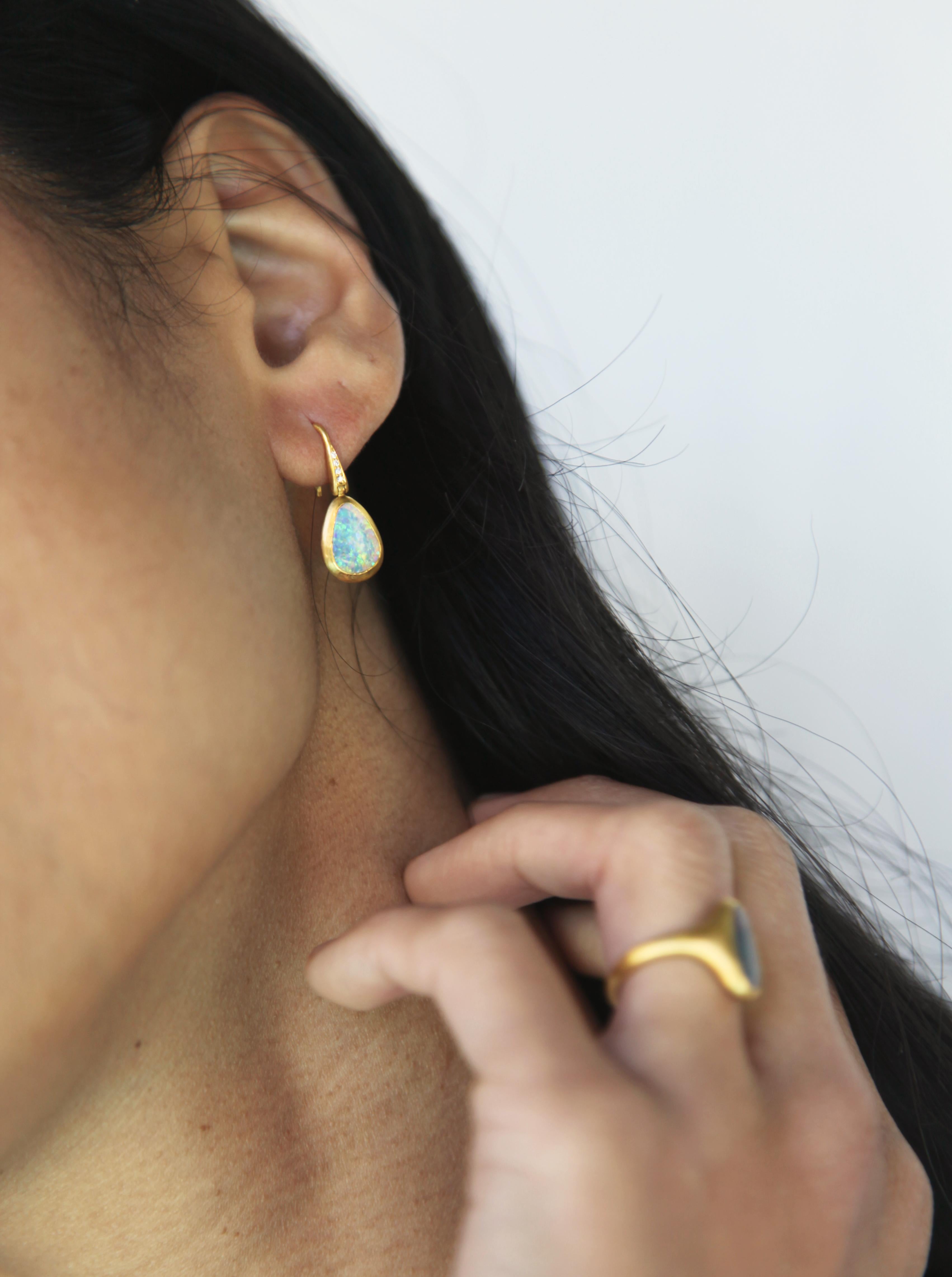Contemporary 1.68ct Crystal Opal Earrings with .04ct Diamond Accent in 18k Matte Yellow Gold