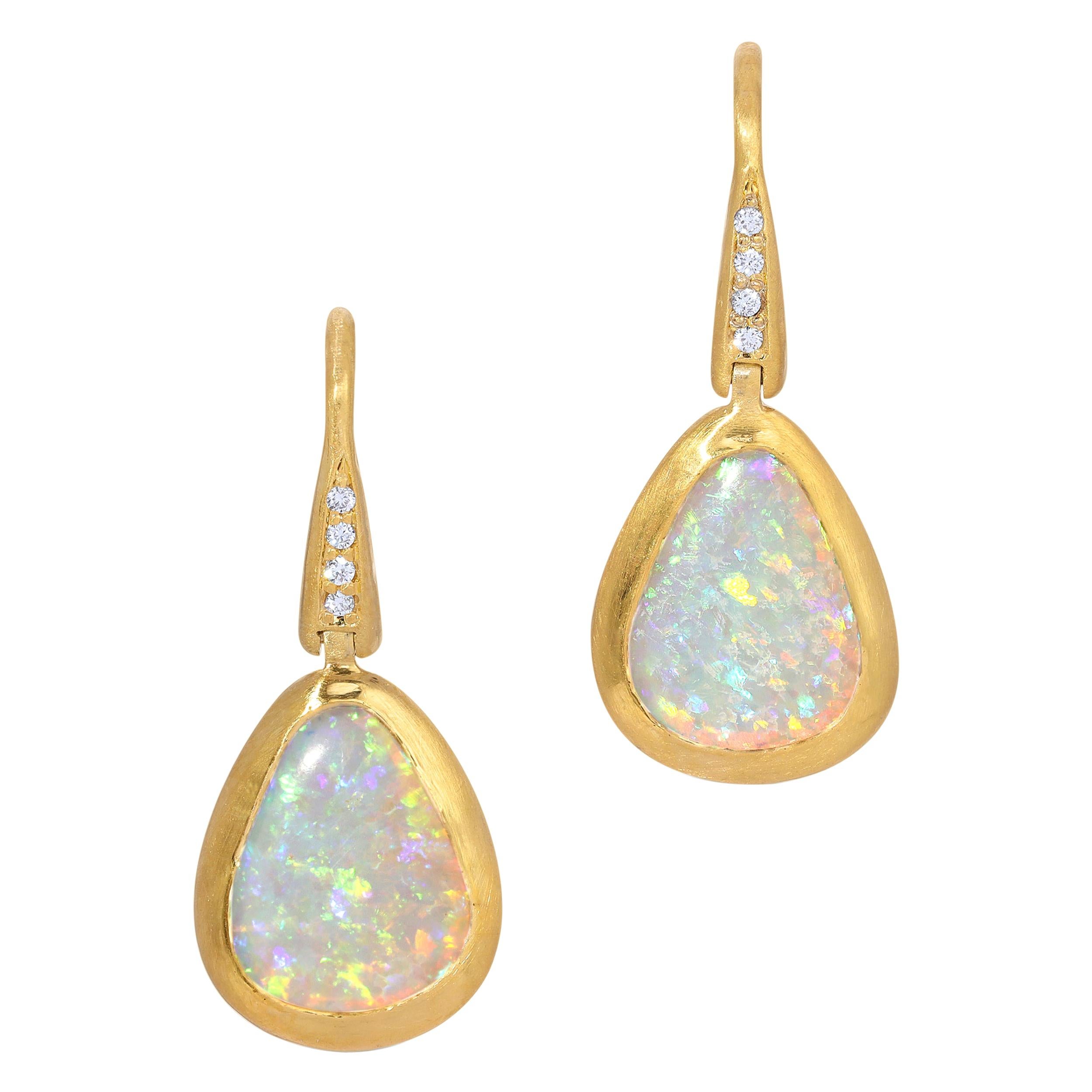 1.68ct Crystal Opal Earrings with .04ct Diamond Accent in 18k Matte Yellow Gold