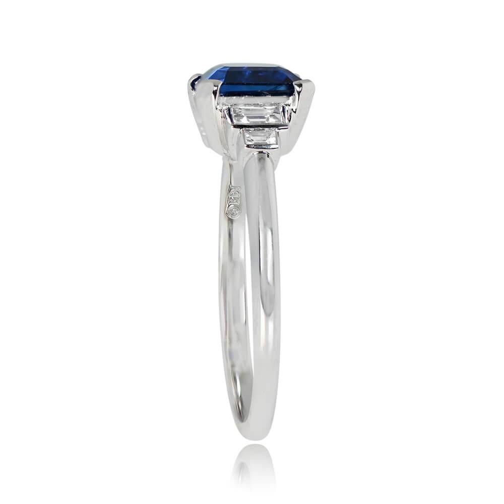 Art Deco 1.68ct Emerald Cut Natural Sapphire Engagement Ring, H Color, Platinum For Sale