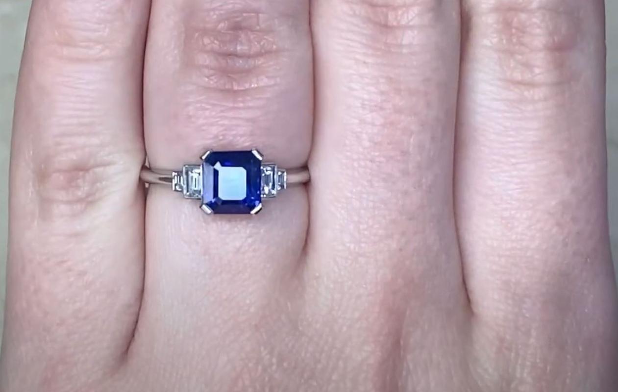 Women's 1.68ct Emerald Cut Natural Sapphire Engagement Ring, H Color, Platinum For Sale