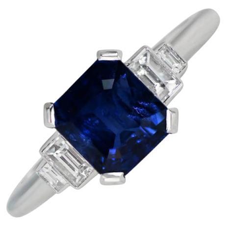 1.68ct Emerald Cut Natural Sapphire Engagement Ring, H Color, Platinum For Sale