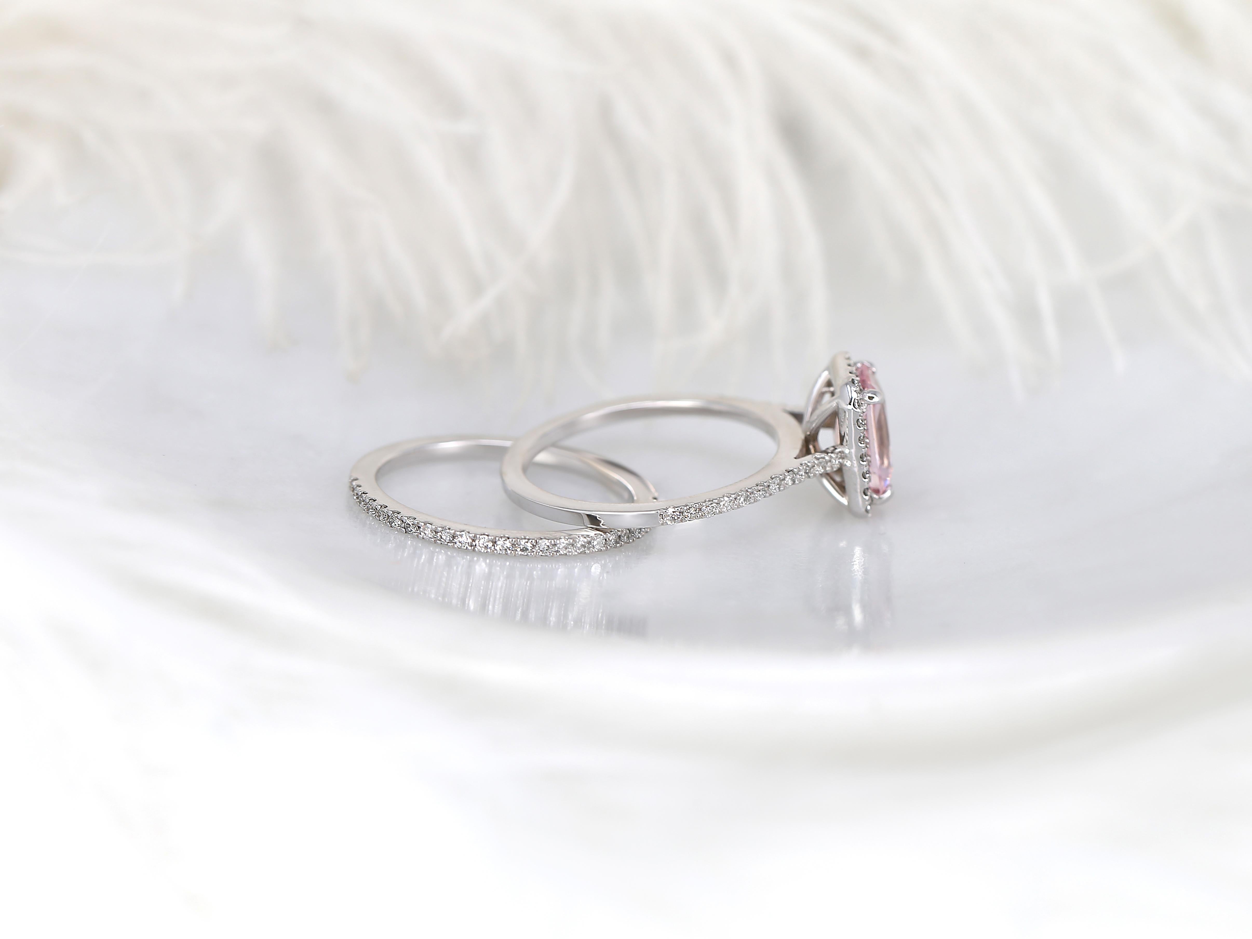 1.68ct Lisette 14kt White Gold Blush Pink Sapphire Radiant Halo Bridal Set For Sale 4