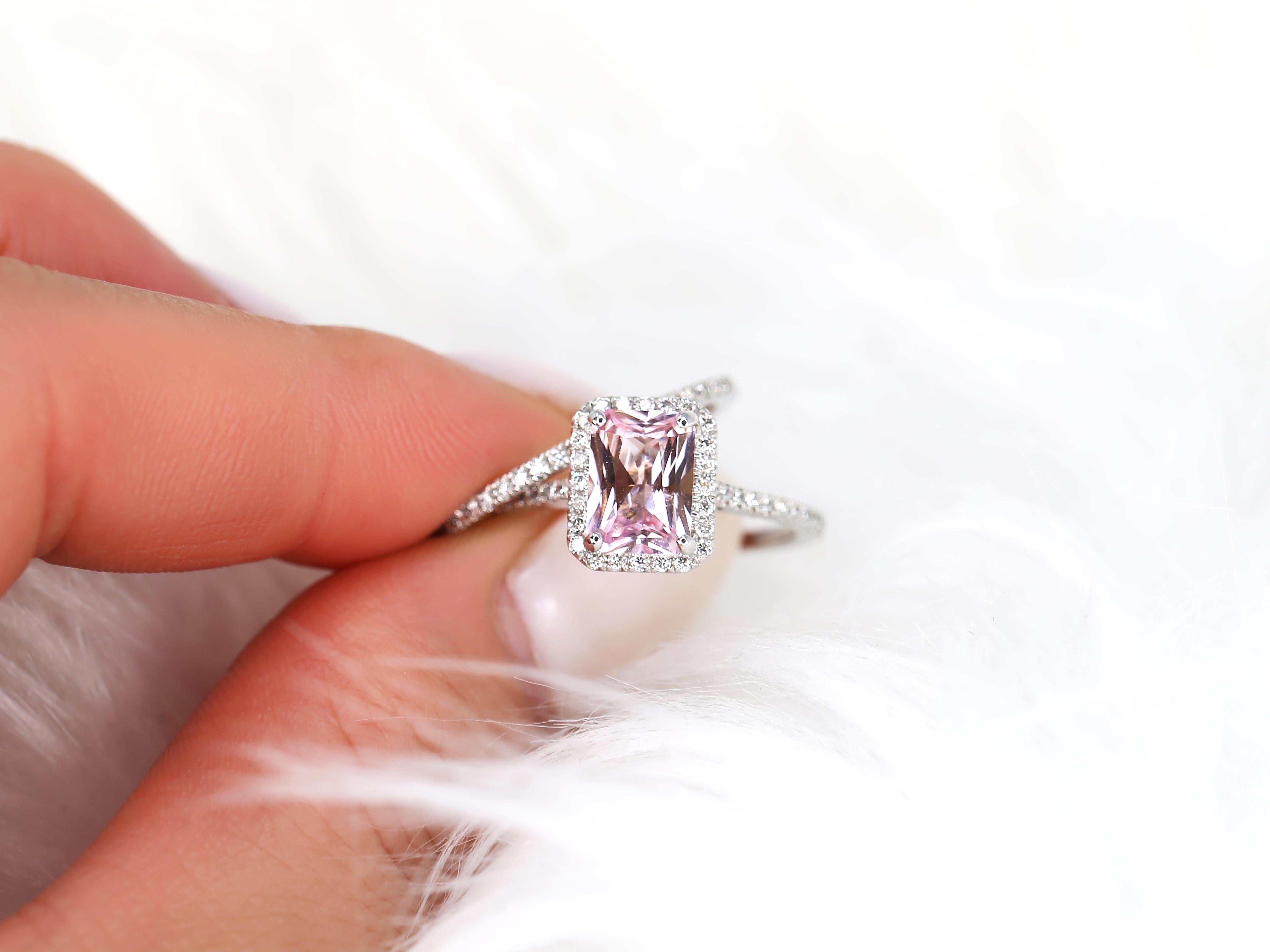 1.68ct Lisette 14kt White Gold Blush Pink Sapphire Radiant Halo Bridal Set In New Condition For Sale In Chicago, IL
