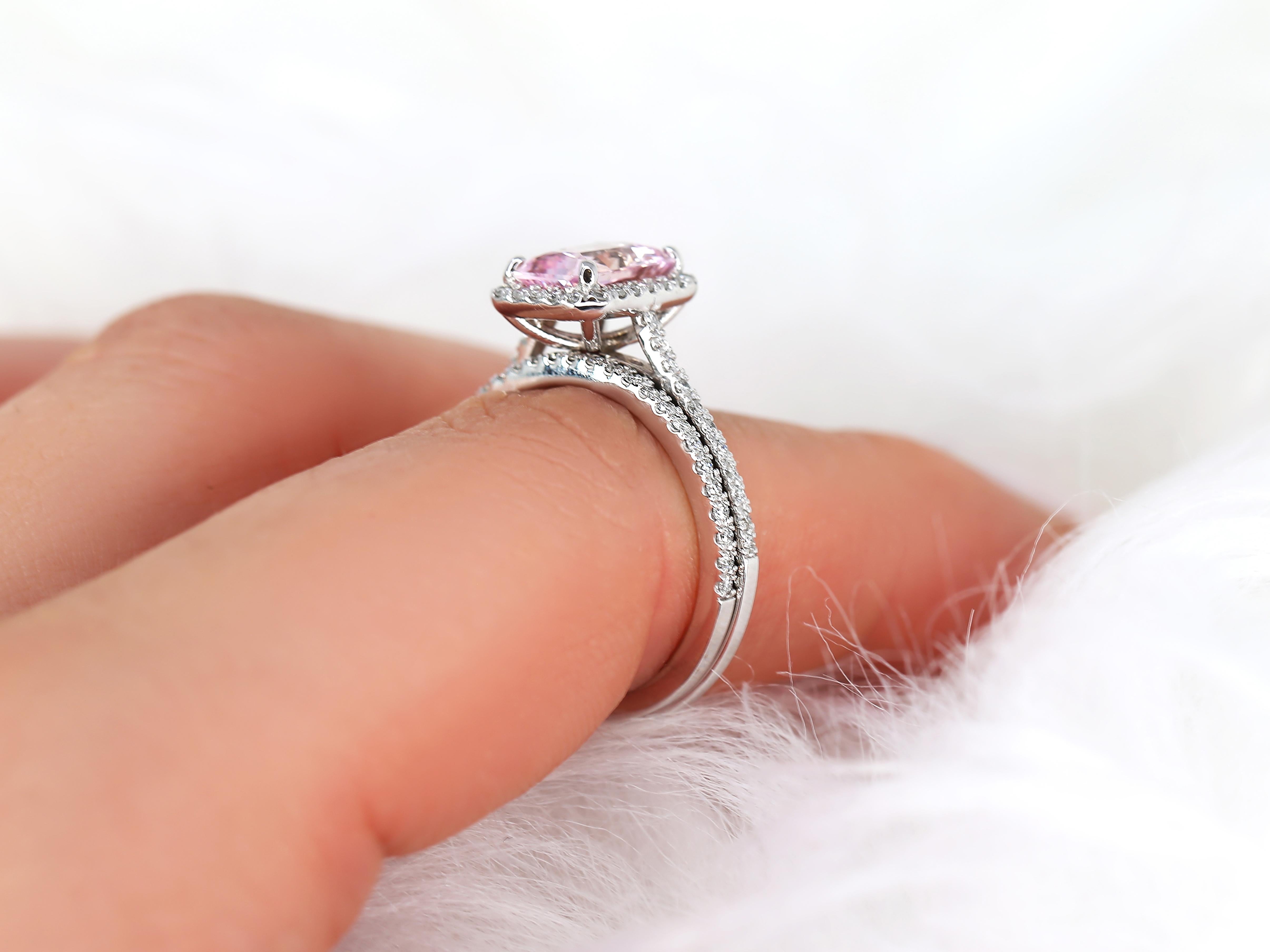 1.68ct Lisette 14kt White Gold Blush Pink Sapphire Radiant Halo Bridal Set For Sale 1