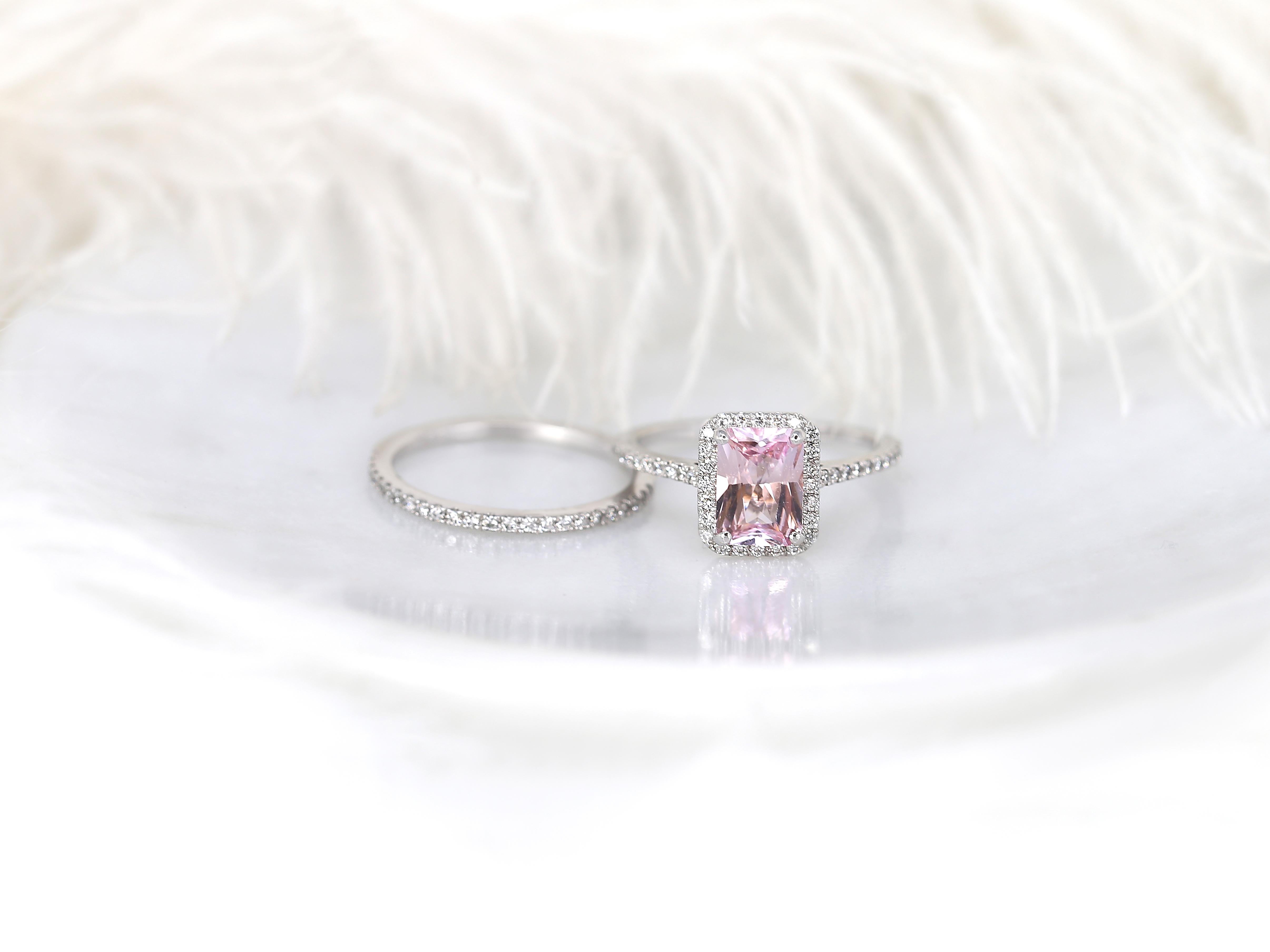 1.68ct Lisette 14kt White Gold Blush Pink Sapphire Radiant Halo Bridal Set For Sale 3