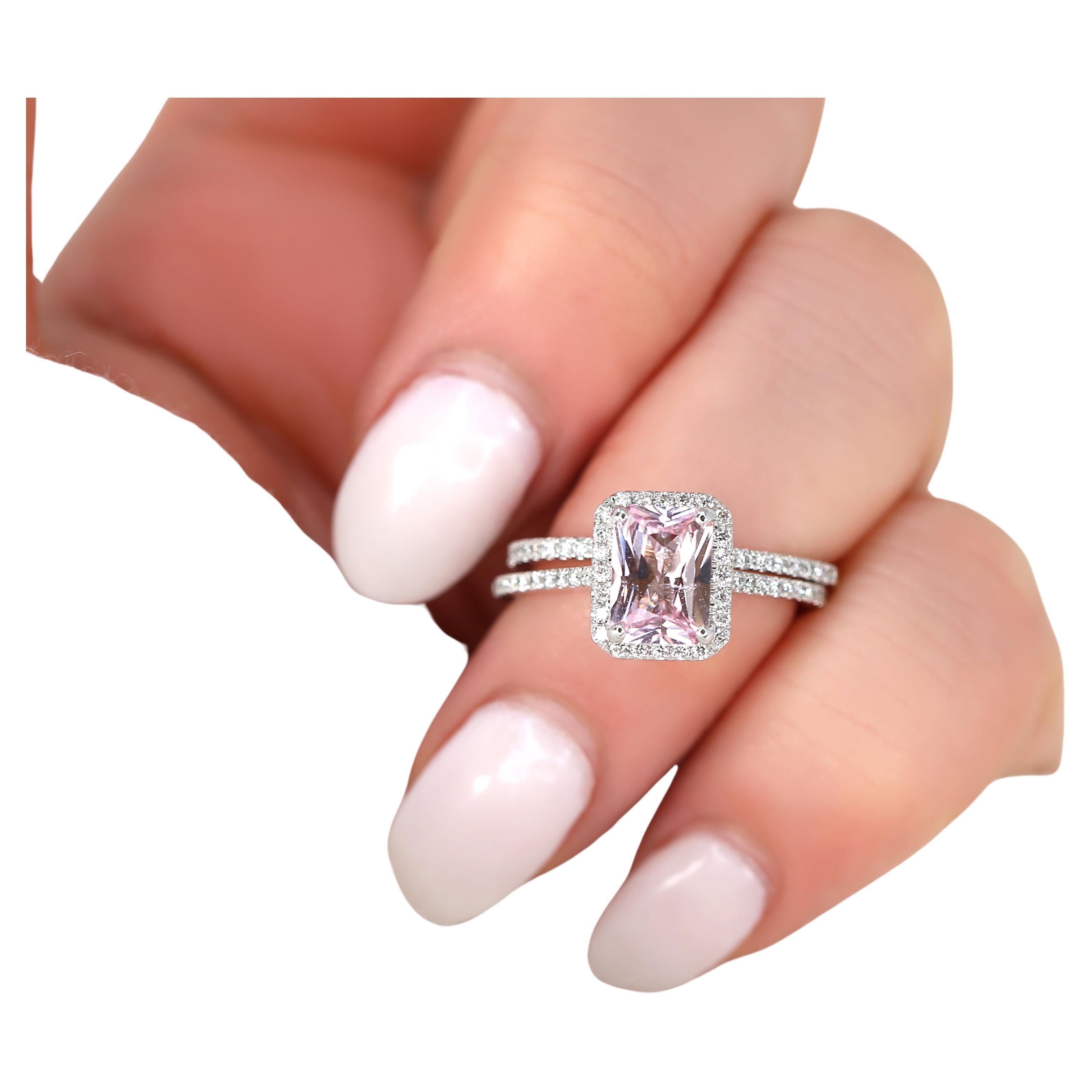 1.68ct Lisette 14kt White Gold Blush Pink Sapphire Radiant Halo Bridal Set For Sale