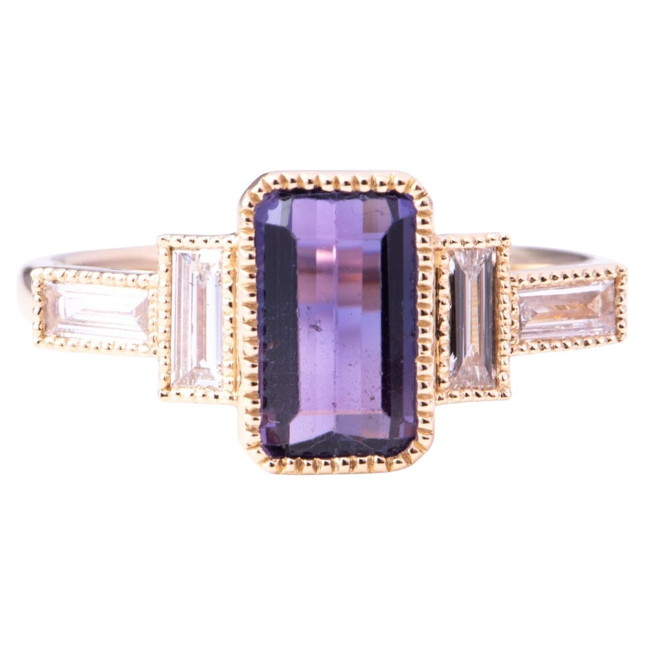 1.68ct Pinkish Purple Bi-Color Natural Sapphire with Baguette Diamond Sides For Sale