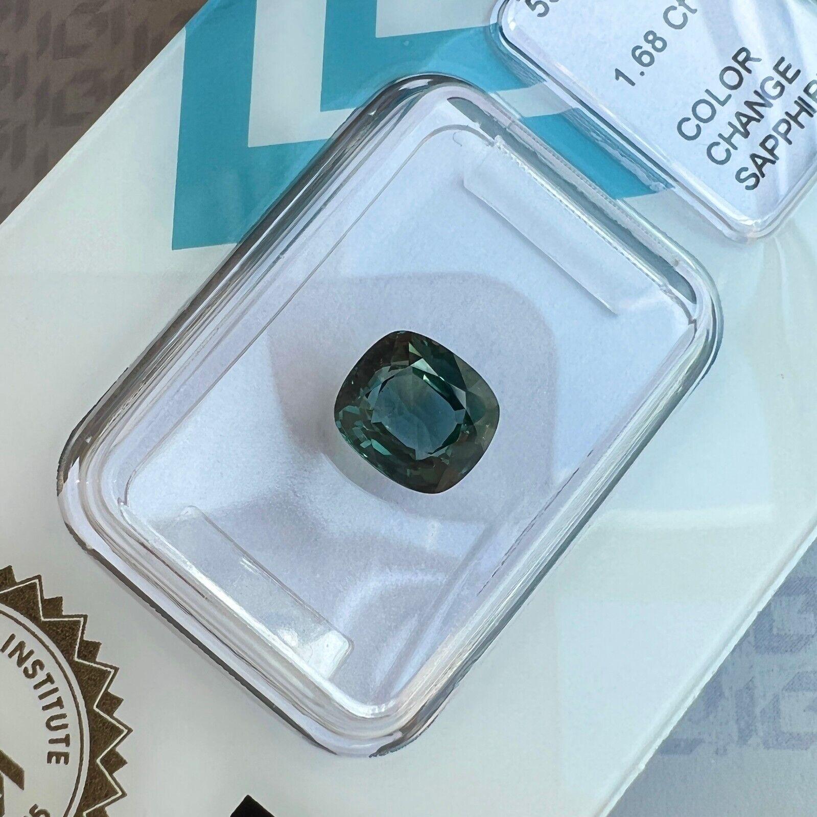 1.68ct Rare Colour Change Unheated Sapphire Green Blue Certified Cushion Cut For Sale 2
