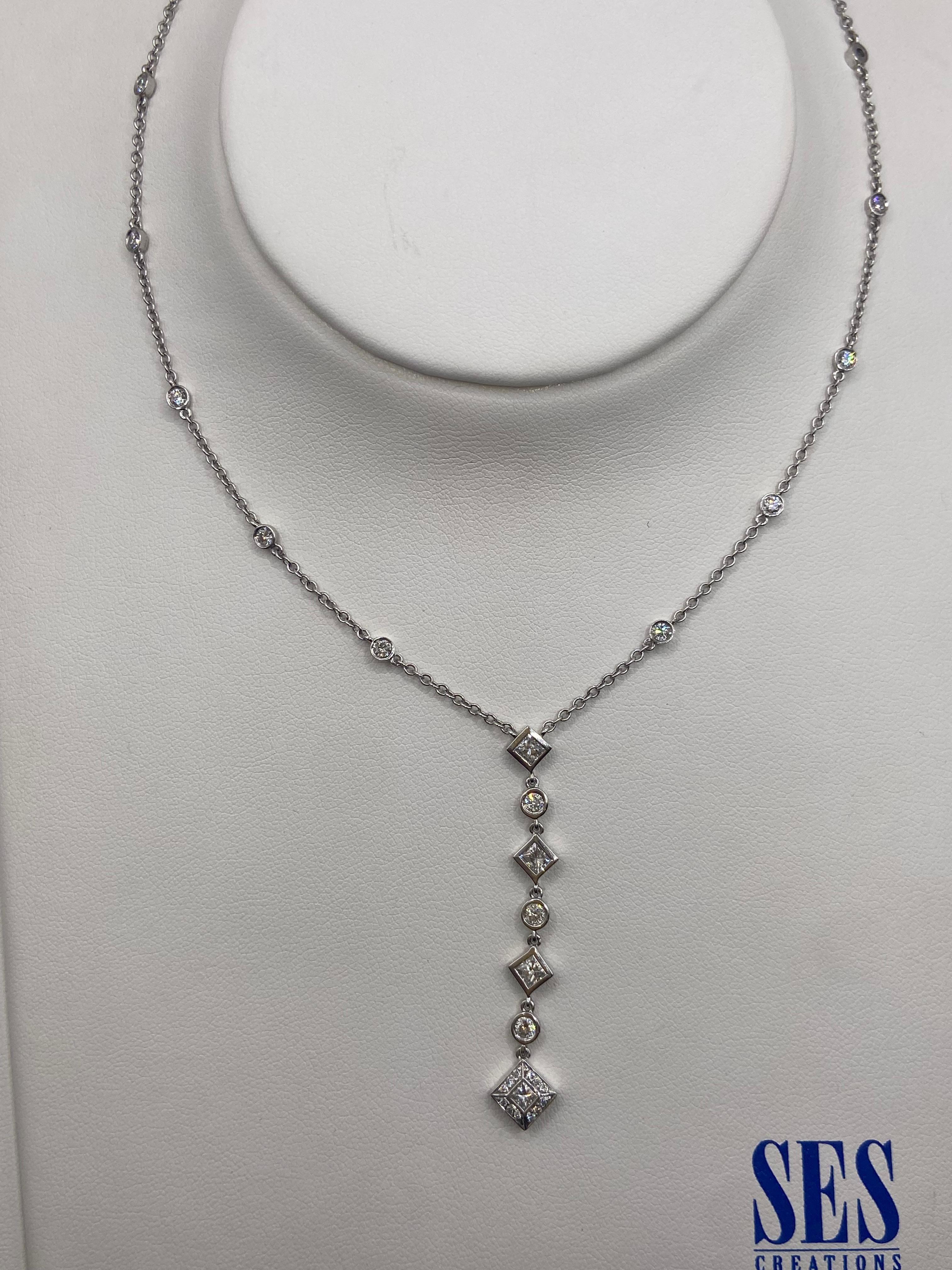 1.68 Karat Diamant-Lariat-Halskette aus 14KT Weißgold mit rundem und Diamant im Prinzessinnenschliff im Zustand „Neu“ im Angebot in New York, NY