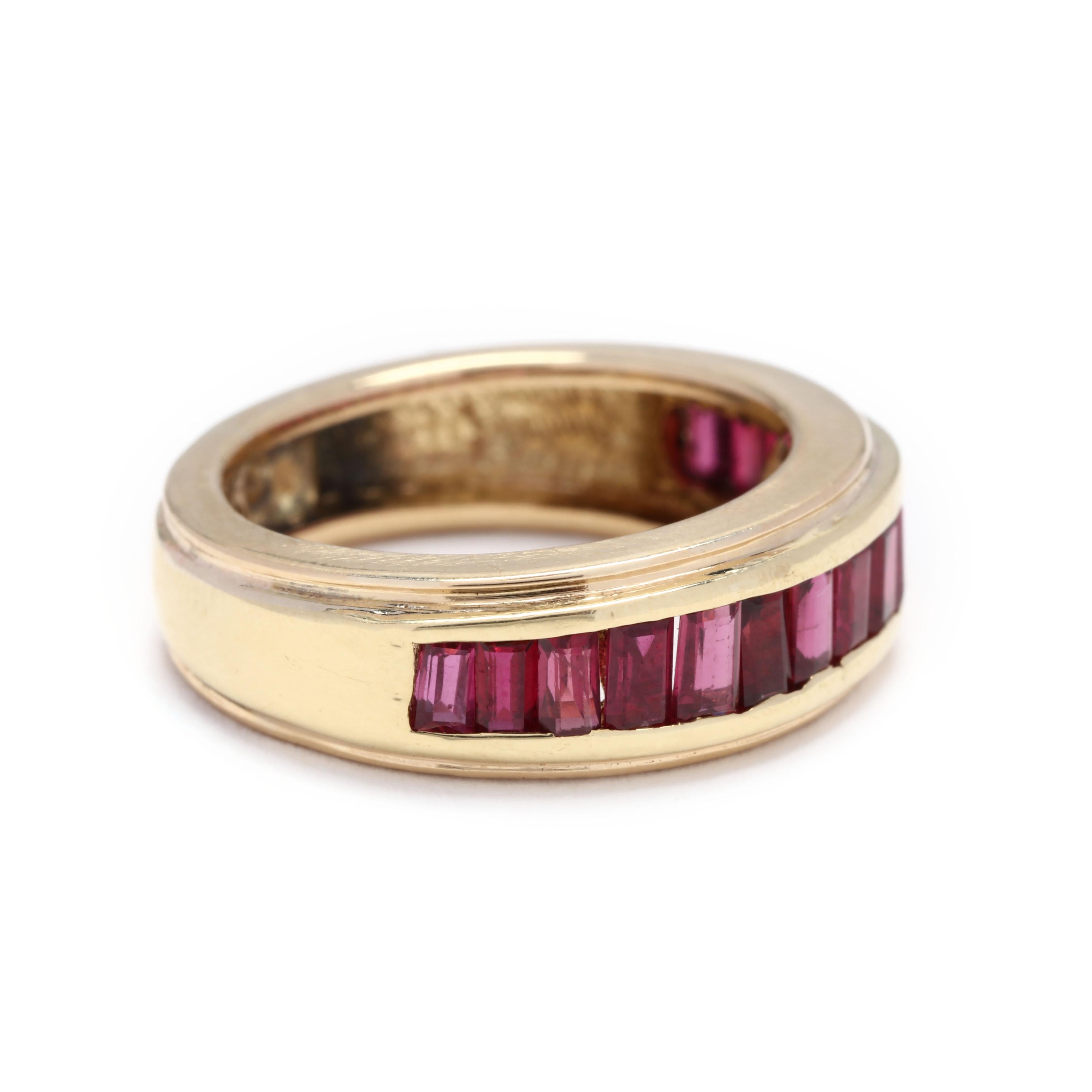 Stones:
- rubies, 16 stones
- baguette cut
- 2.75 x 1.5 - 3.25 x 2 mm
- approximately 1.68 total carats

Ring Size 5.25

Width: 6.65 mm

Weight: 4.2 dwts. 

A Couple Of Things to Note:
* This is a vintage item and may show signs of wear. It has been
