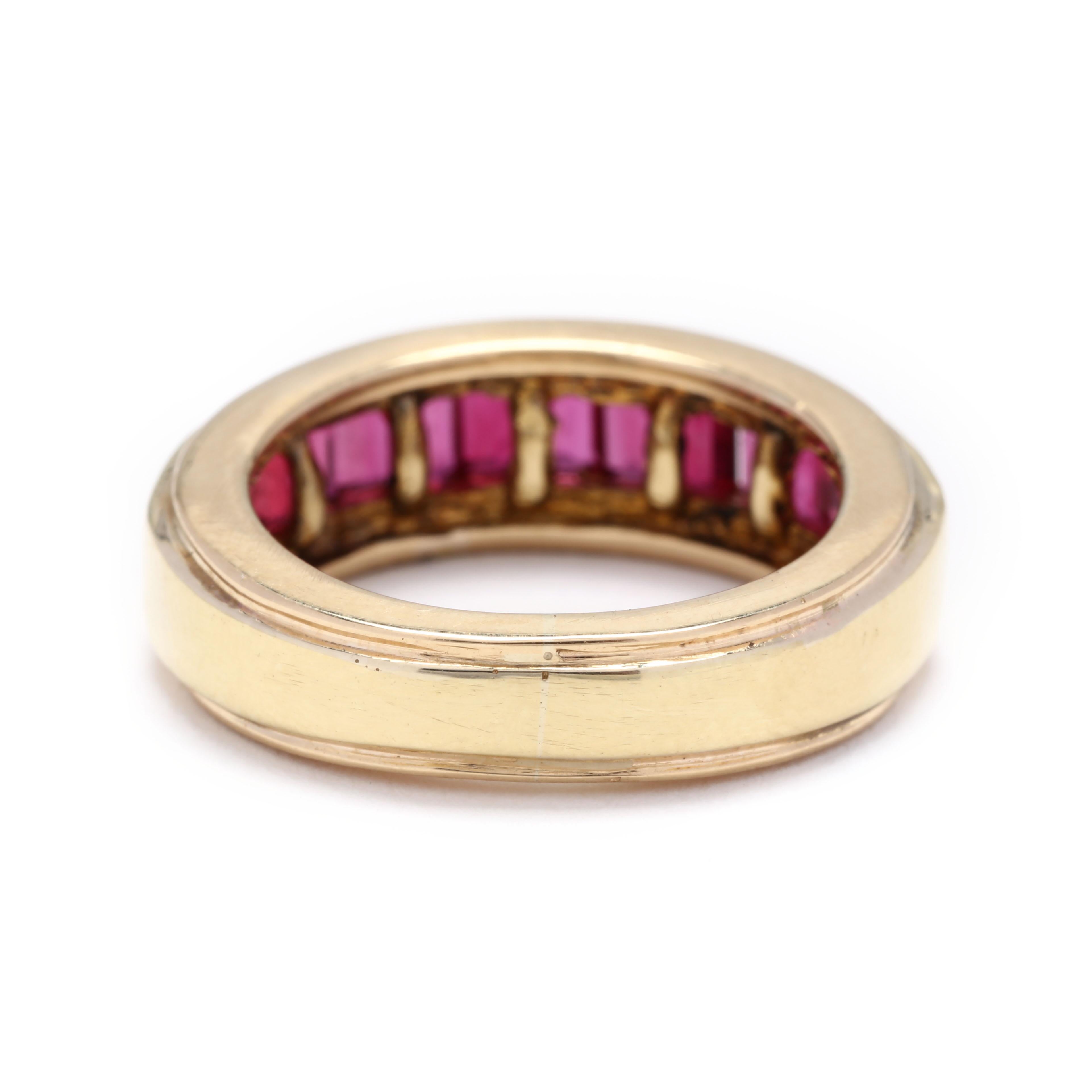 Baguette Cut 1.68ctw Baguette Ruby Channel Band Ring, 18k Yellow Gold, Ring Size 5.25 For Sale