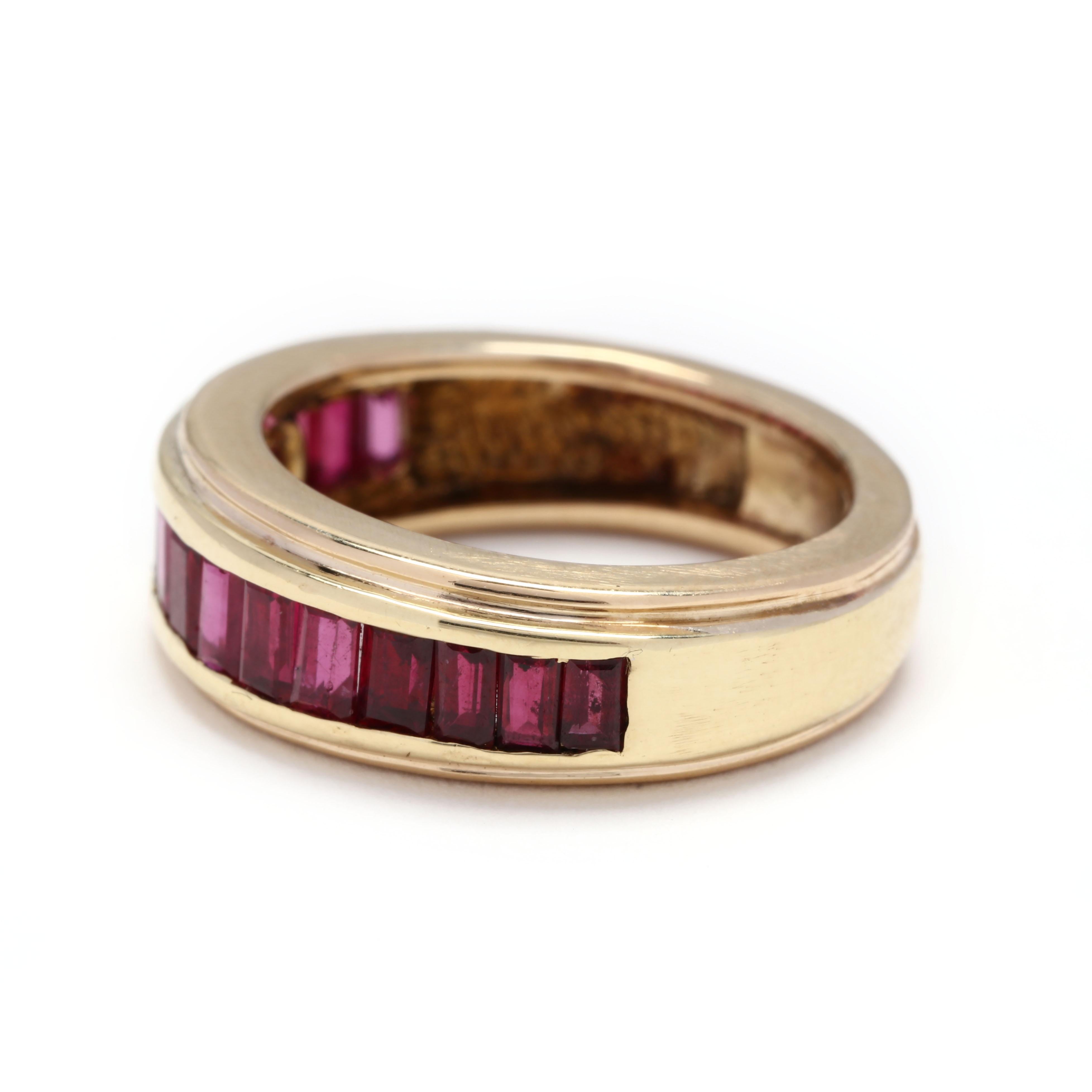 1.68ctw Baguette Ruby Channel Band Ring, 18k Yellow Gold, Ring Size 5.25 In Good Condition For Sale In McLeansville, NC