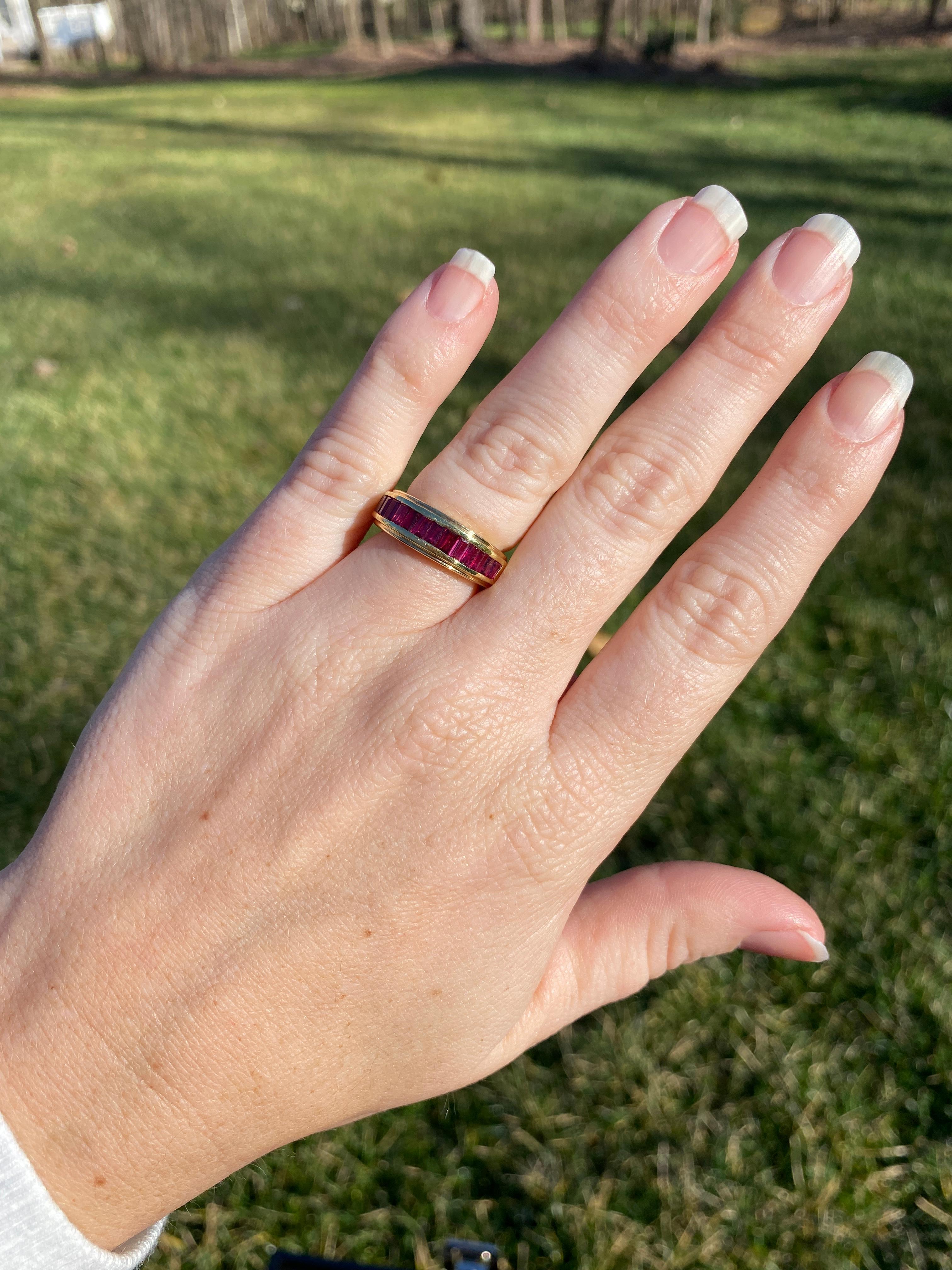 Women's or Men's 1.68ctw Baguette Ruby Channel Band Ring, 18k Yellow Gold, Ring Size 5.25 For Sale