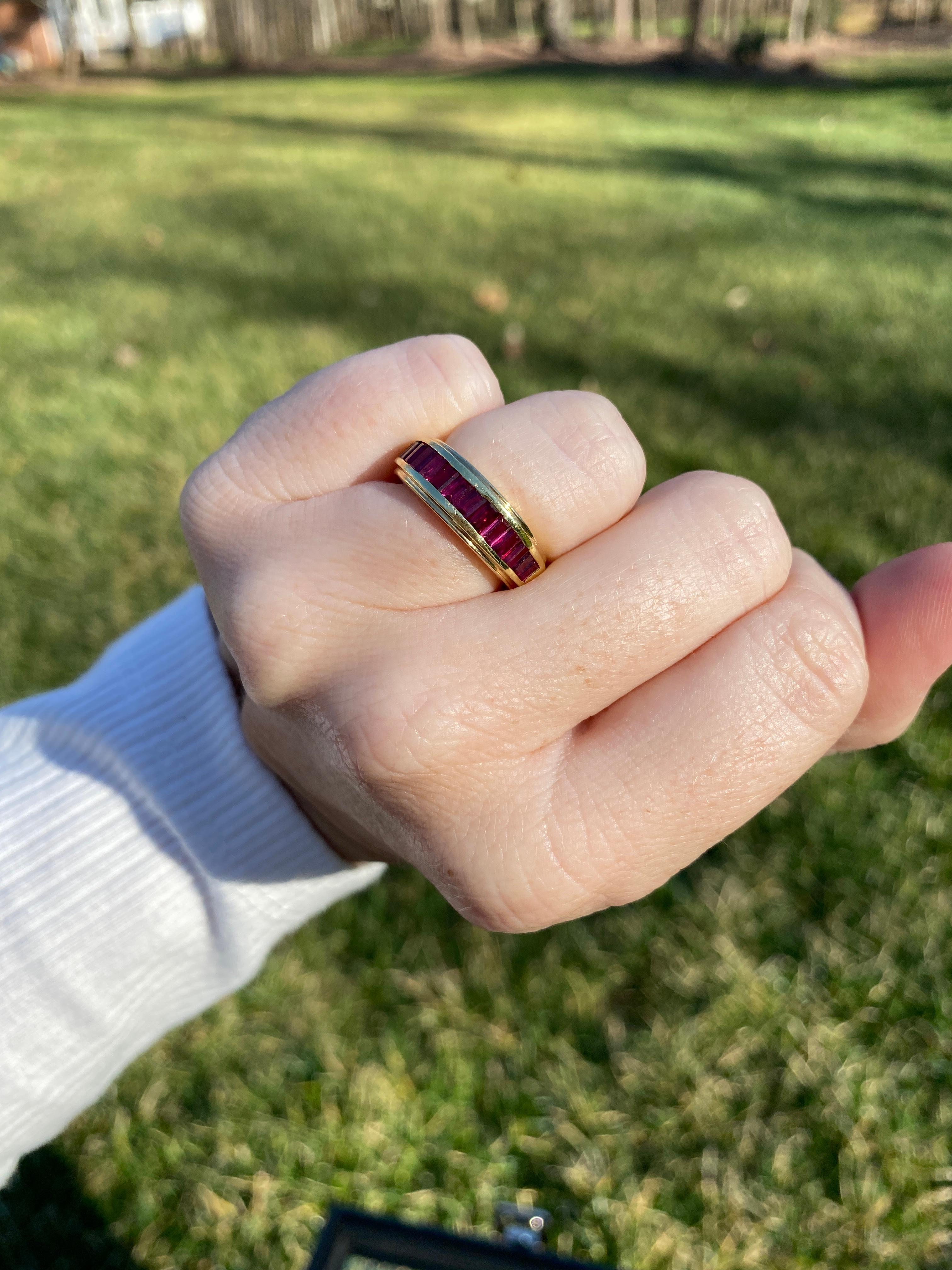 1.68ctw Baguette Ruby Channel Band Ring, 18k Yellow Gold, Ring Size 5.25 For Sale 1