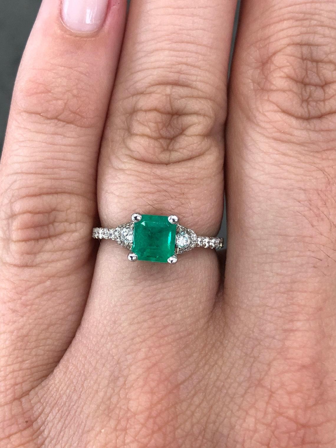 Modern 1.68tcw 14K AAA+ Colombian Emerald-Emerald Cut & Diamond Engagement Ring For Sale