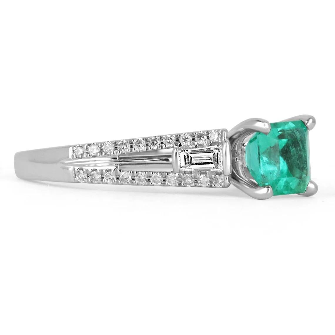 Elegantly displayed is a natural, Emerald cut Colombian emerald and diamond accent engagement ring. The center gem is a fine quality, Asscher cut, emerald filled with life and brilliance! Among the emeralds, impressive qualities are its vibrant