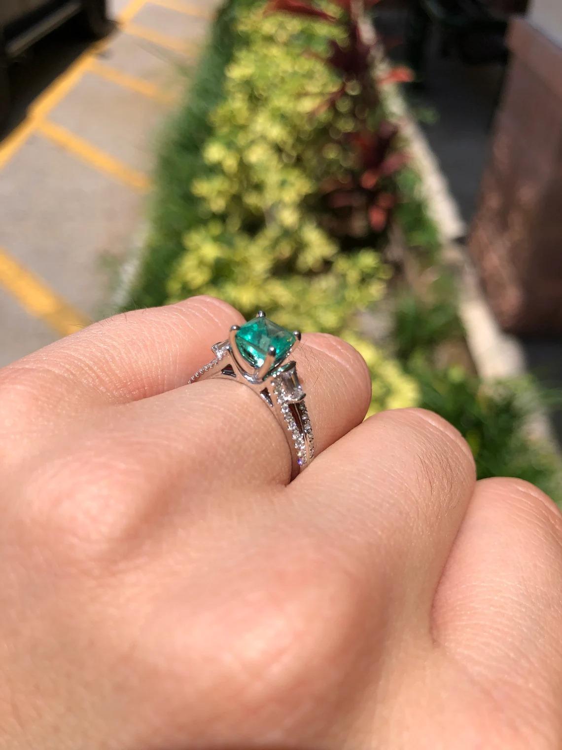 Modern 1.68tcw 14k Colombian Emerald-Asscher Cut & Diamond Engagement Ring For Sale