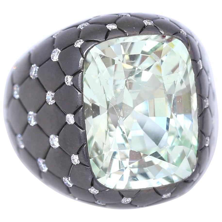 16.9 Carat Chrysoberyl Diamond Gold Ring.
Center stone Chrysoberyl weighting 16.94 Ct on a wide-band engraved with lattice design accented with brilliant-cut Diamonds. Originally purchased on a Sotheby’s auction London. 1990. A very unusual and