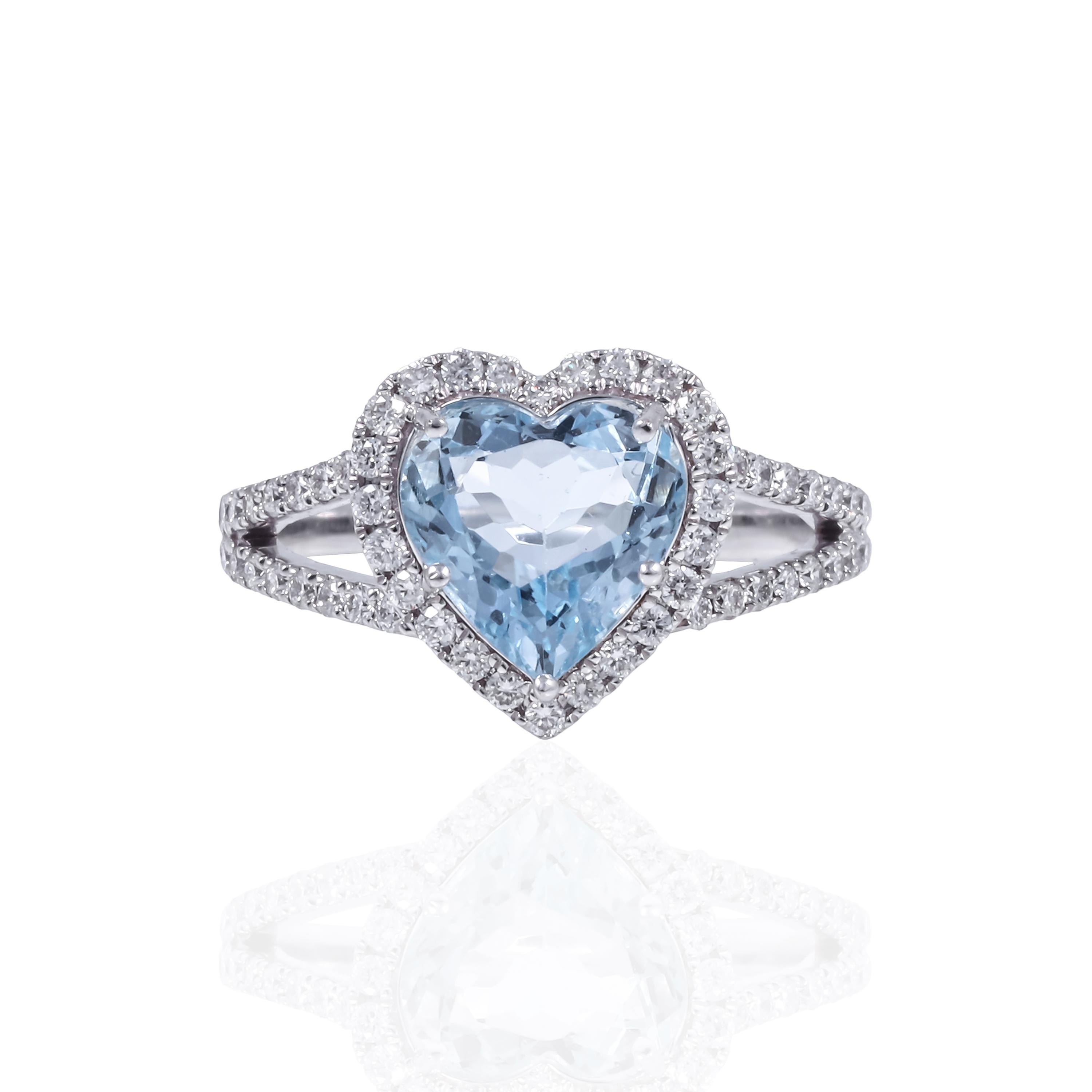 Our stunning Aquamarine Heart Ring, made from 18 karat white gold. This elegant ring features a 1.69 carat heart-shaped Aquamarine that sparkles with a beautiful blue hue. The colour of the stone is clean and the craftsmanship is worth your
