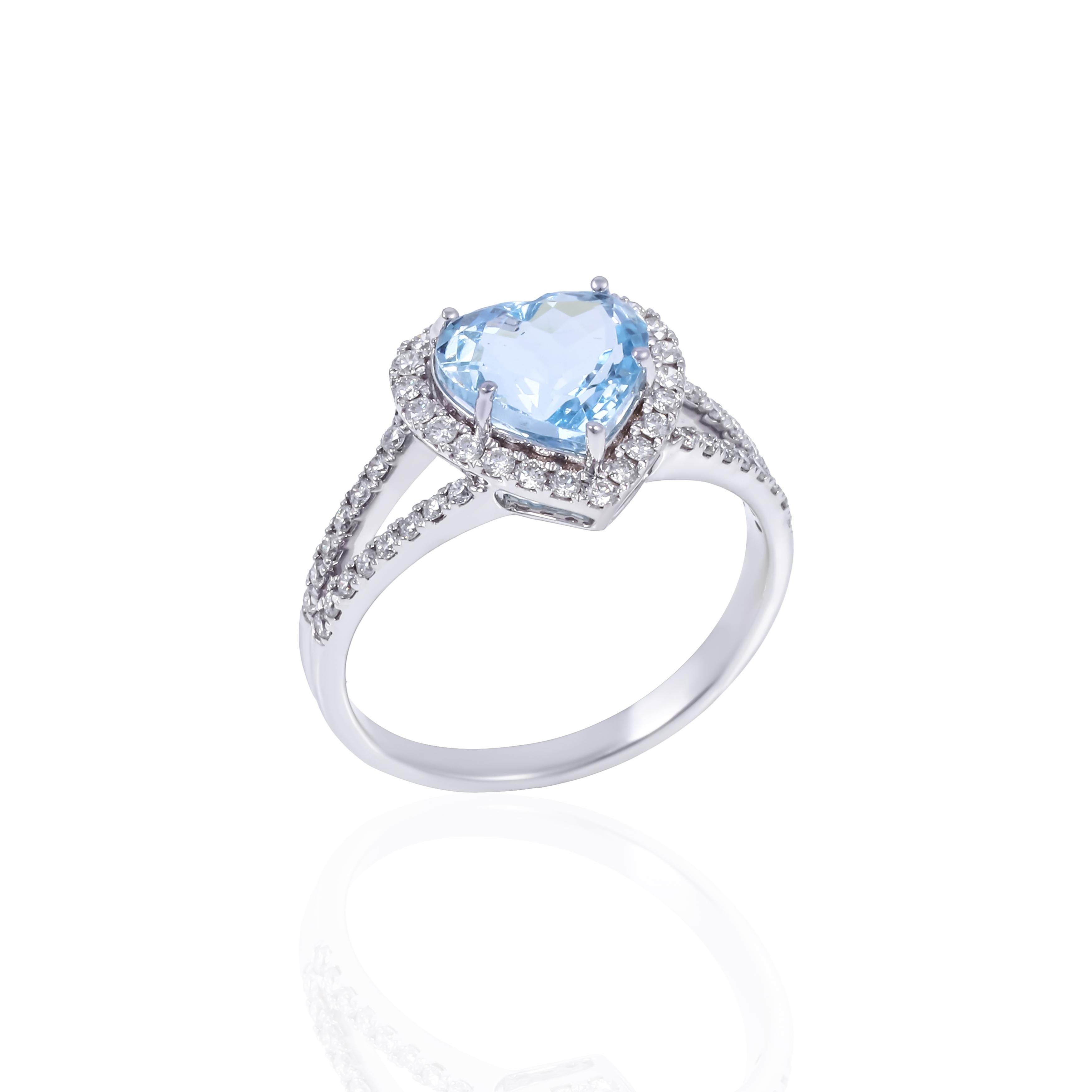 Heart Cut 1.69 Carat Aquamarine and Diamond ring in 18 Karat white gold For Sale