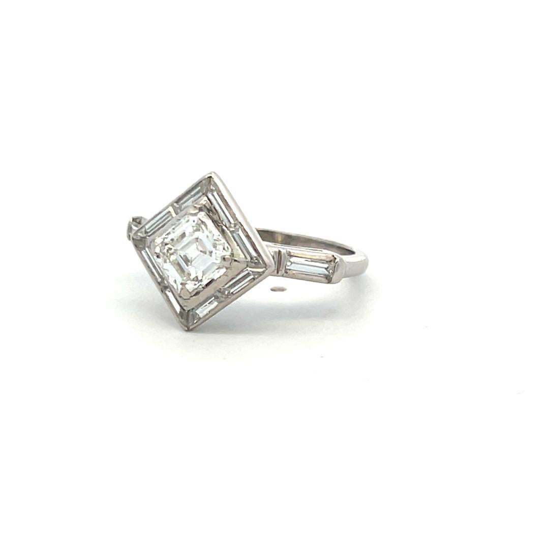 1.69 Carat Asscher Cut and Baguette Shape Diamond Platinum Engagement Ring For Sale 2