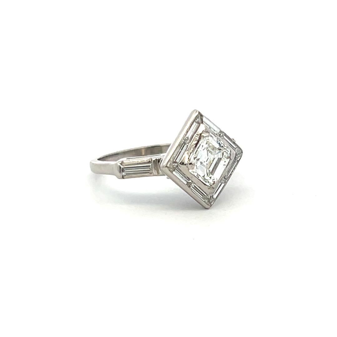 1.69 Carat Asscher Cut and Baguette Shape Diamond Platinum Engagement Ring For Sale 3