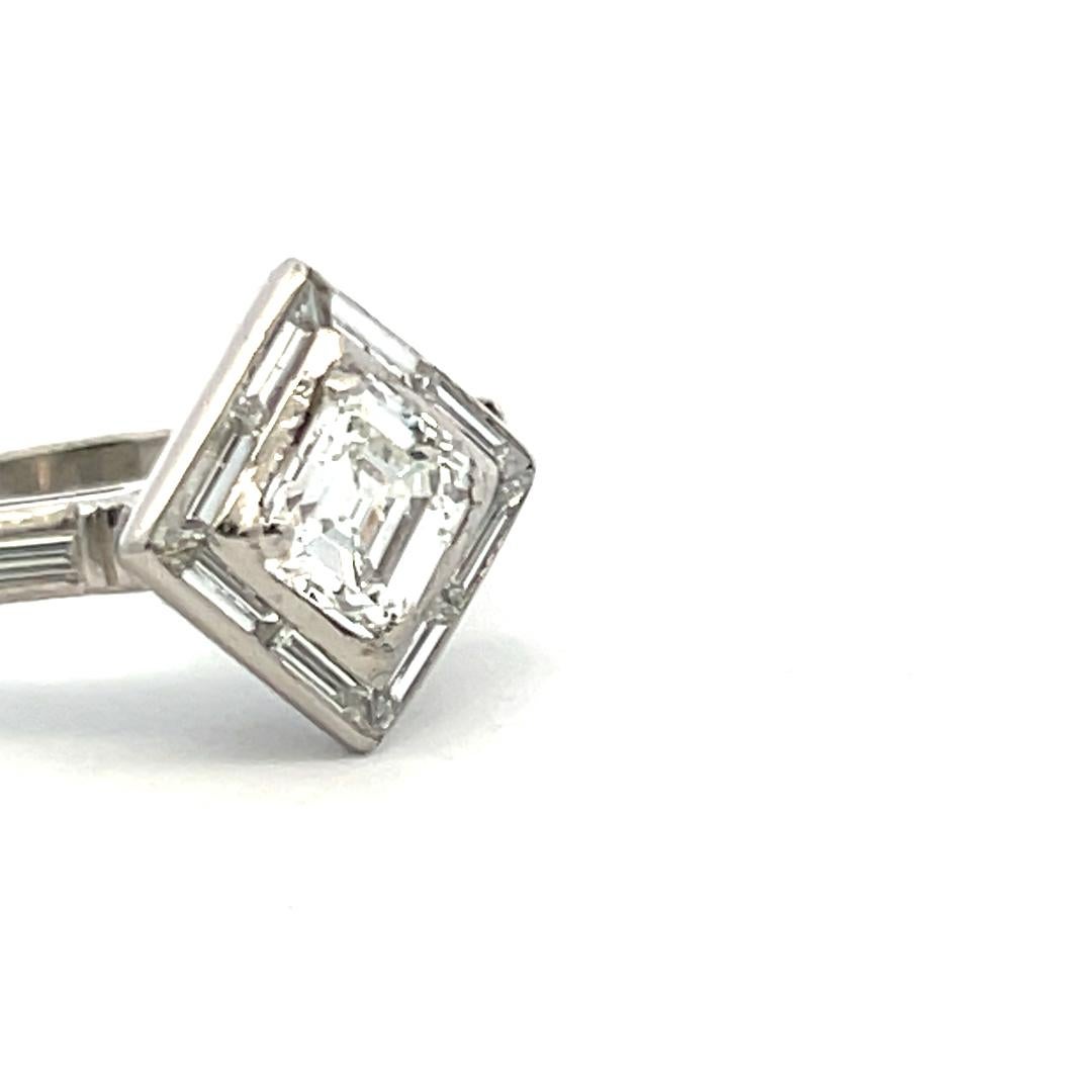 1.69 Carat Asscher Cut and Baguette Shape Diamond Platinum Engagement Ring For Sale 4