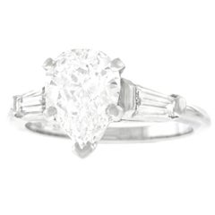 Retro 1.69 Carat D Color Pear Shape Diamond Set Engagement Platinum Ring GIA