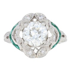 1.69 Carat European Cut Diamond and Simulated Emerald Art Deco Ring Platinum GIA