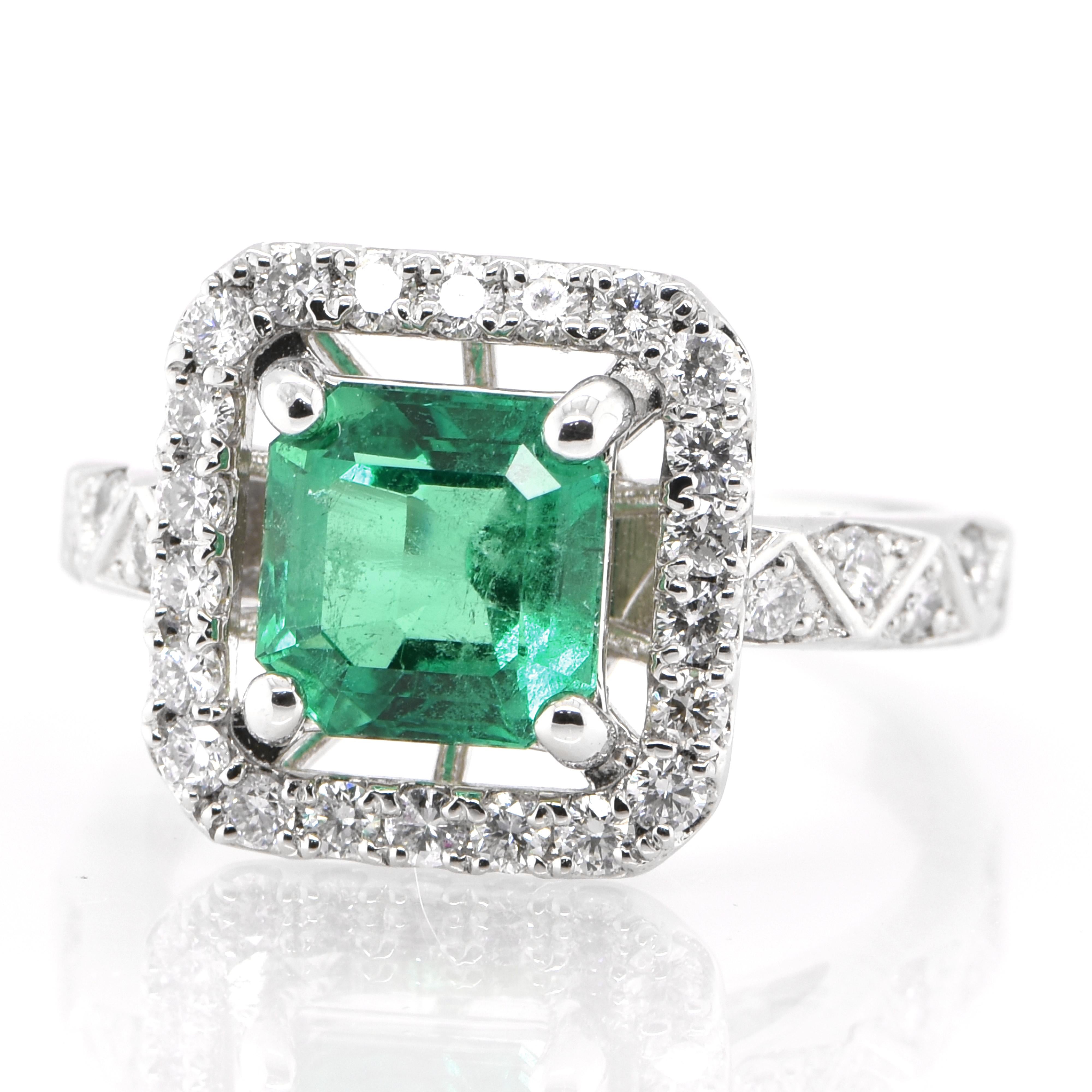 A stunning engagement ring featuring a 1.69 Carat Natural Emerald and 0.52 Carats of Diamond Accents set in Platinum. People have admired emerald’s green for thousands of years. Emeralds have always been associated with the lushest landscapes and