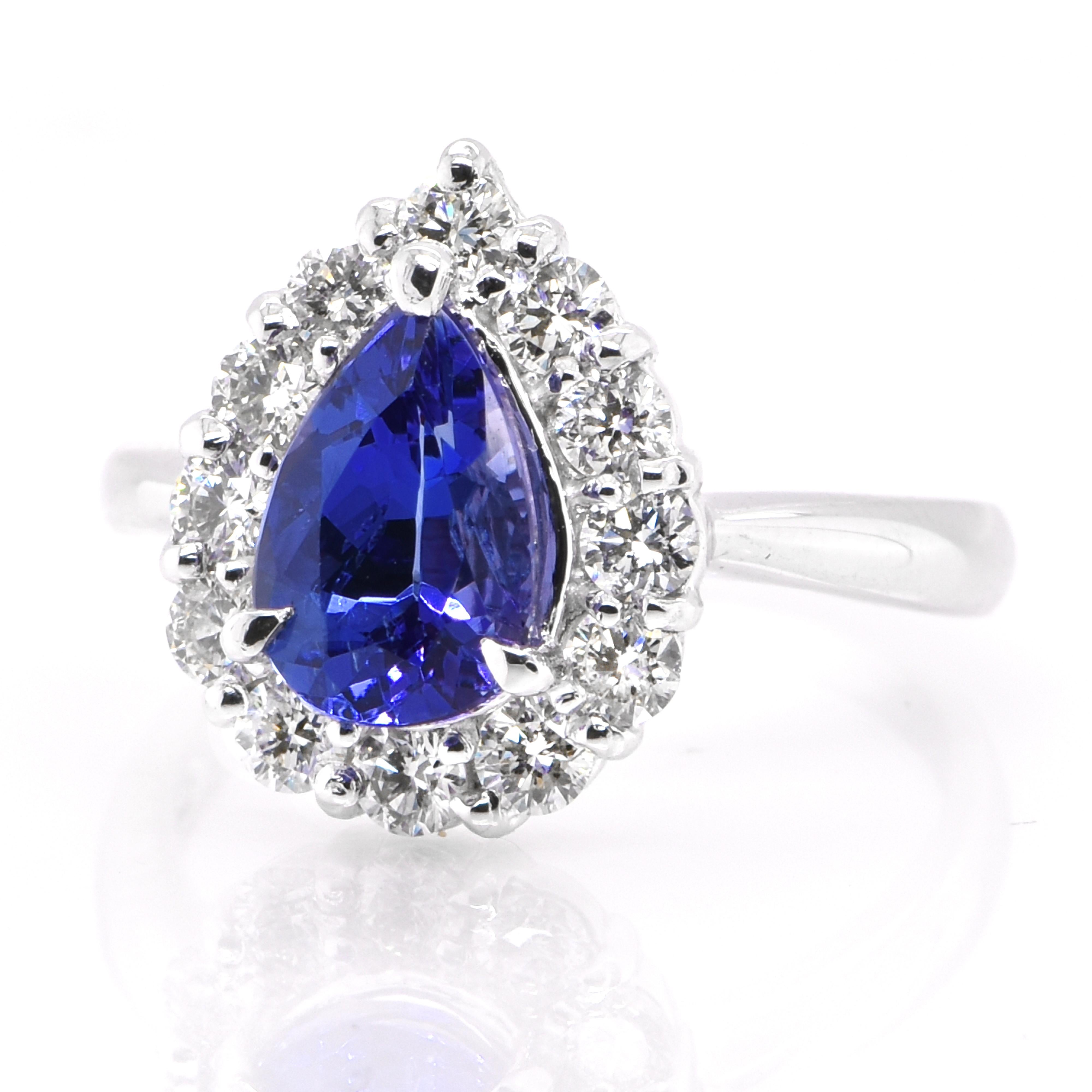 A beautiful ring featuring a 1.69 Carat Natural Tanzanite and 0.71 Carats Diamond Accents set in Platinum. Tanzanite's name was given by Tiffany and Co after its only known source: Tanzania. Tanzanite displays beautiful pleochroic colors meaning