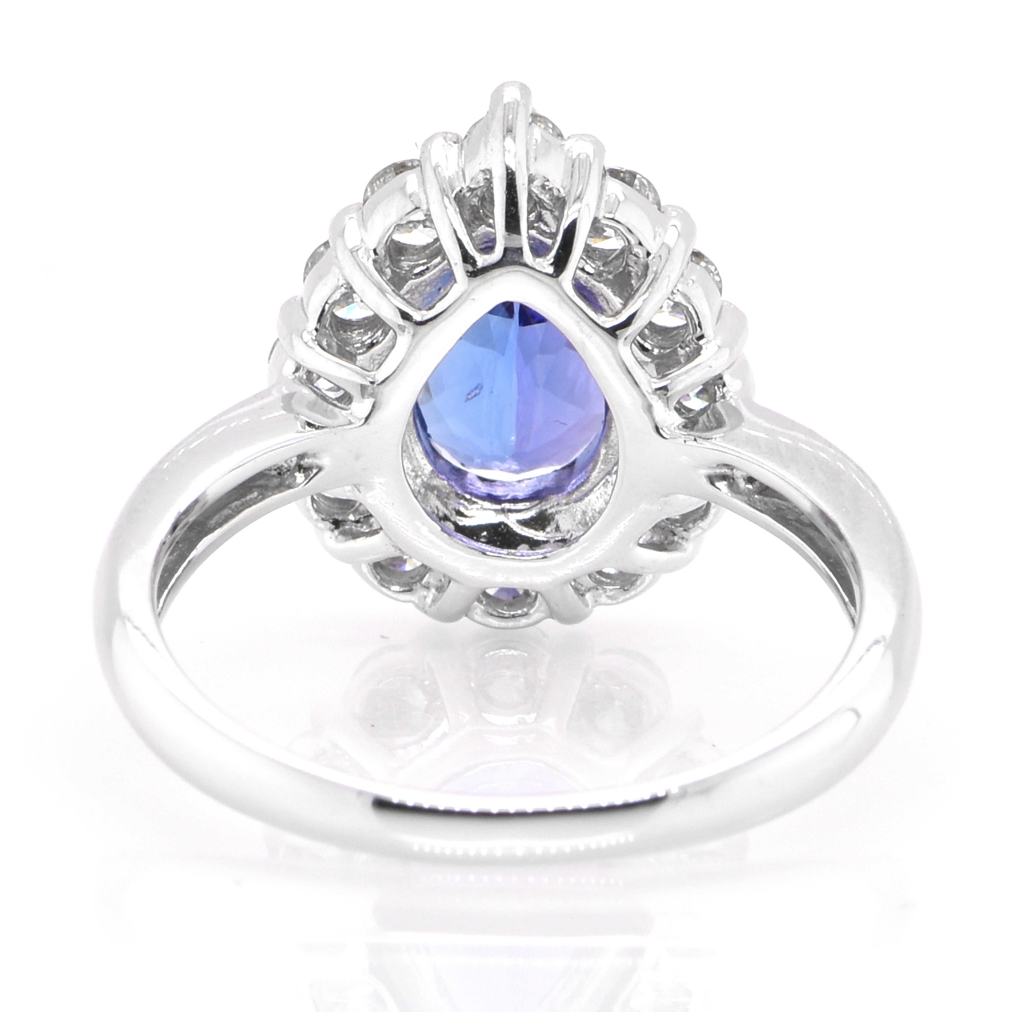 1.69 Carat Natural Pear Cut AAA+ Tanzanite and Diamond Ring Set in Platinum For Sale 1