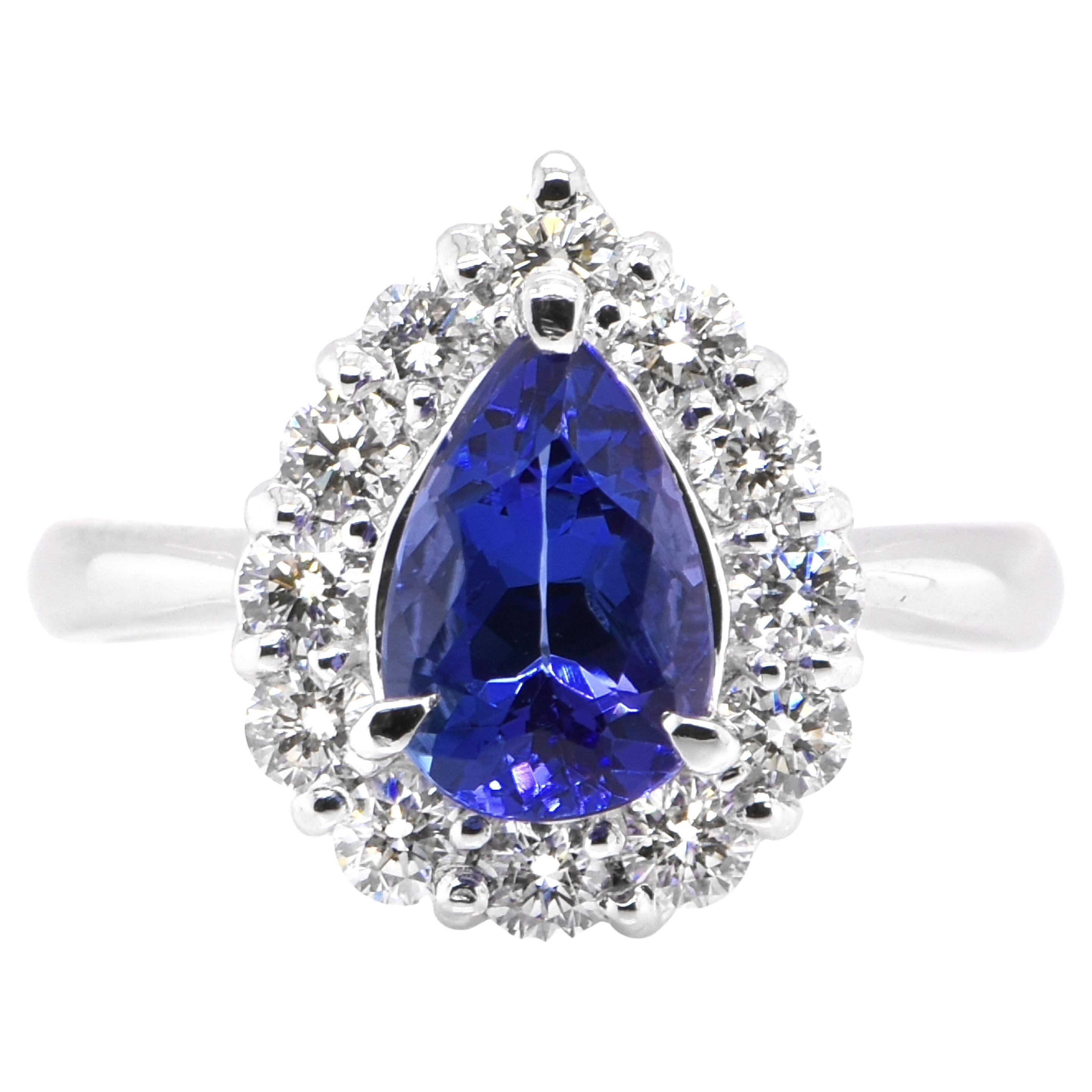 1.69 Carat Natural Pear Cut AAA+ Tanzanite and Diamond Ring Set in Platinum For Sale