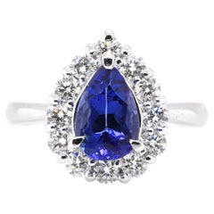 1.69 Carat Natural Pear Cut AAA+ Tanzanite and Diamond Ring Set in Platinum